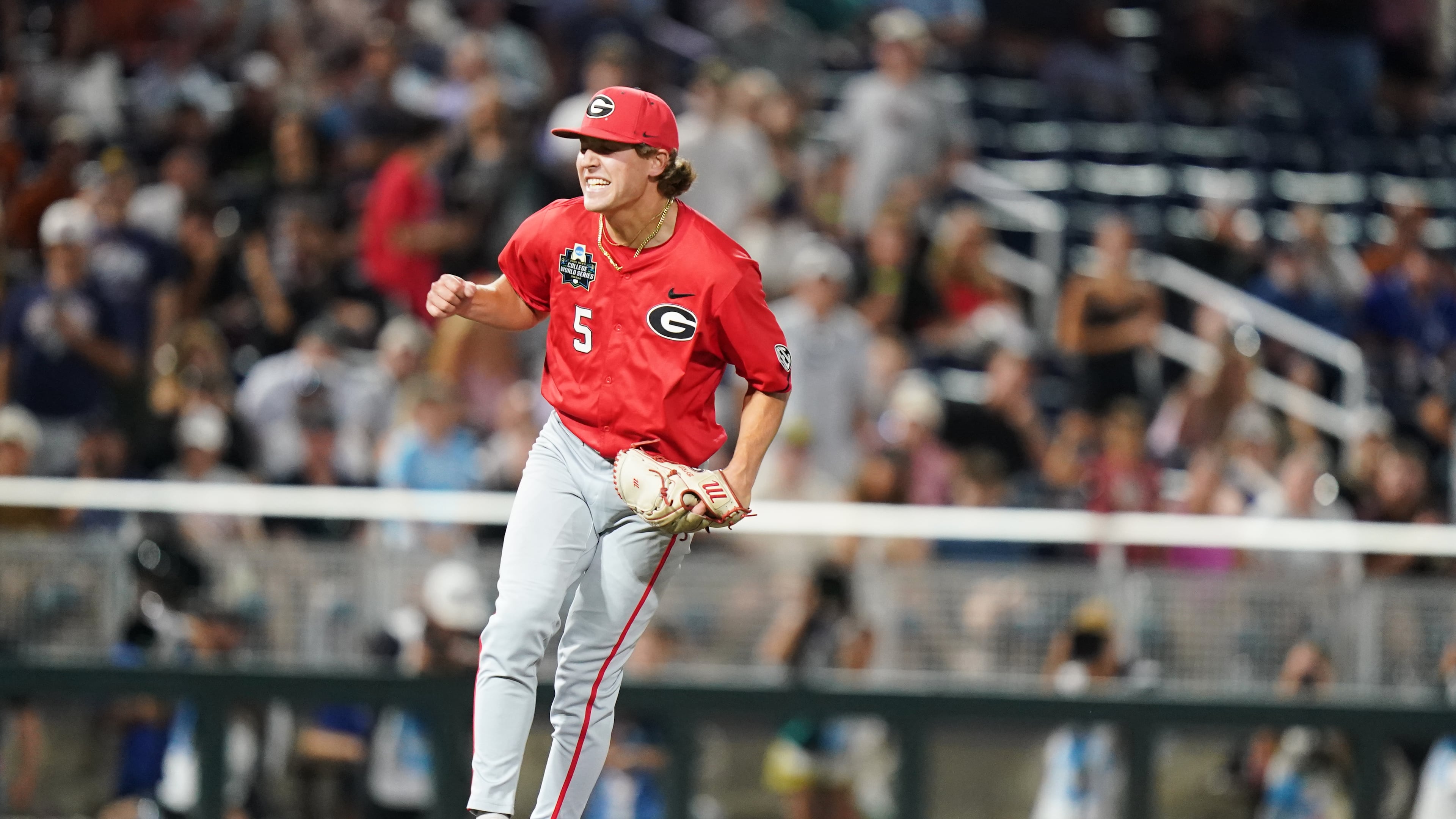 Georgia pitcher Justin Byrd celebrates a 2-0 victory over Texas during their College World Series elimination game on Tuesday, June 16, 2026, in Omaha, Neb. (Vera Nieuwenhuis/AP)