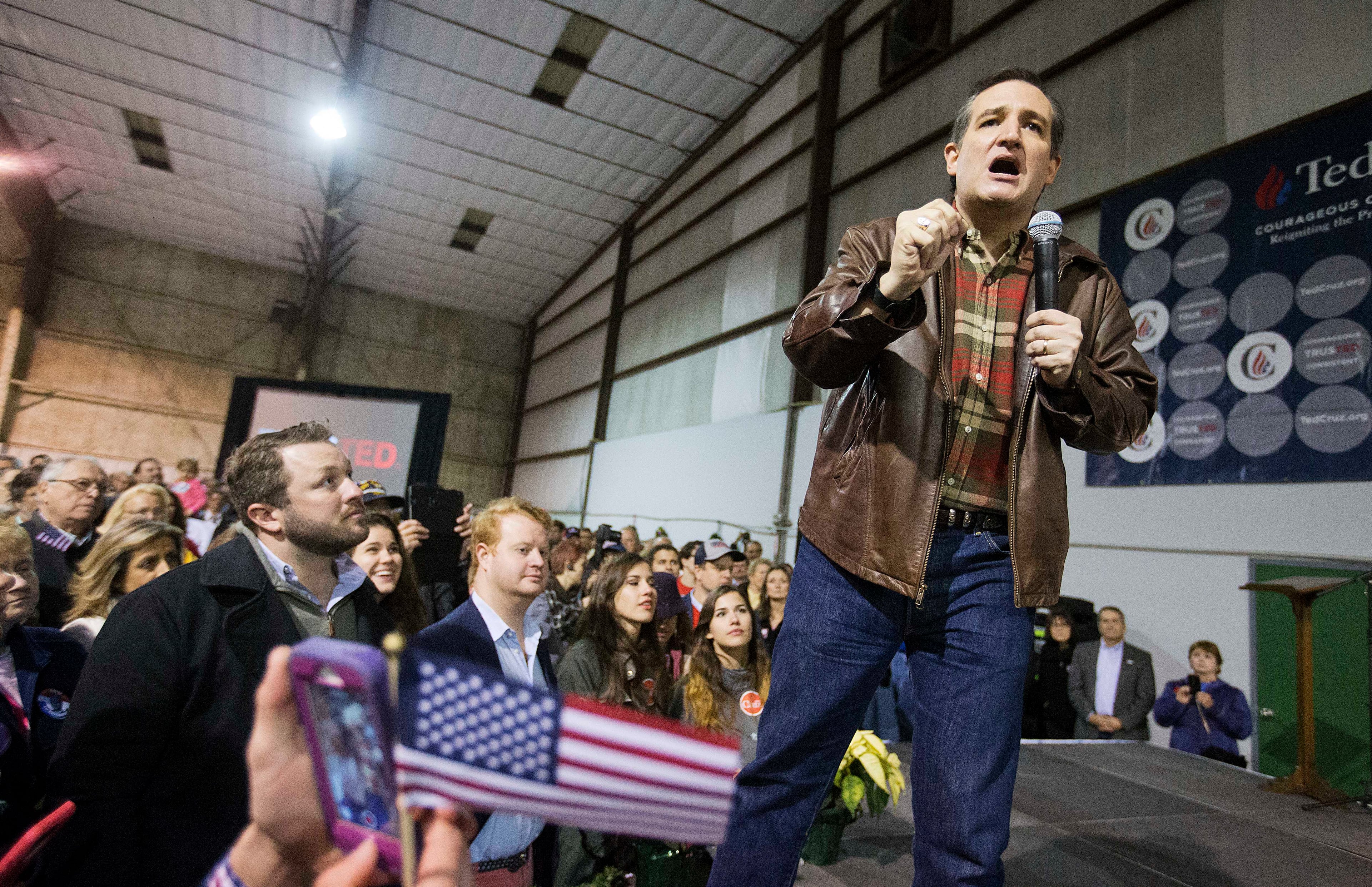 Republican presidential candidate, Sen. Ted Cruz, R-Texas, speaks during a campaign event in an airport hanger Friday, Dec. 18, 2015, in Kennesaw, Ga. (AP Photo/David Goldman)