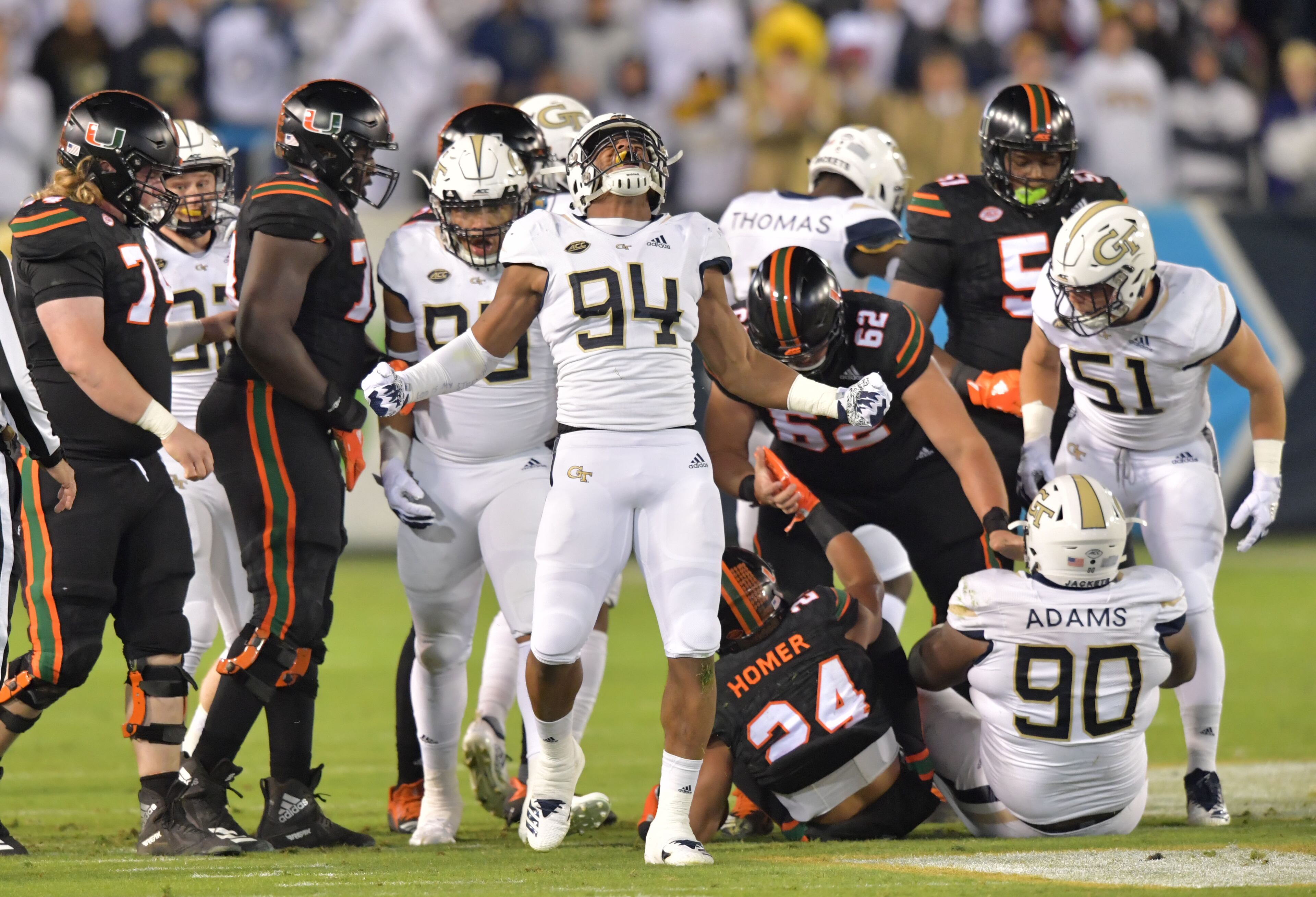 November 10, 2018 Atlanta - Georgia Tech defensive lineman Anree Saint-Amour (94) reacts in the first half at Bobby Dodd Stadium on Saturday, November 10, 2018. HYOSUB SHIN / HSHIN@AJC.COM