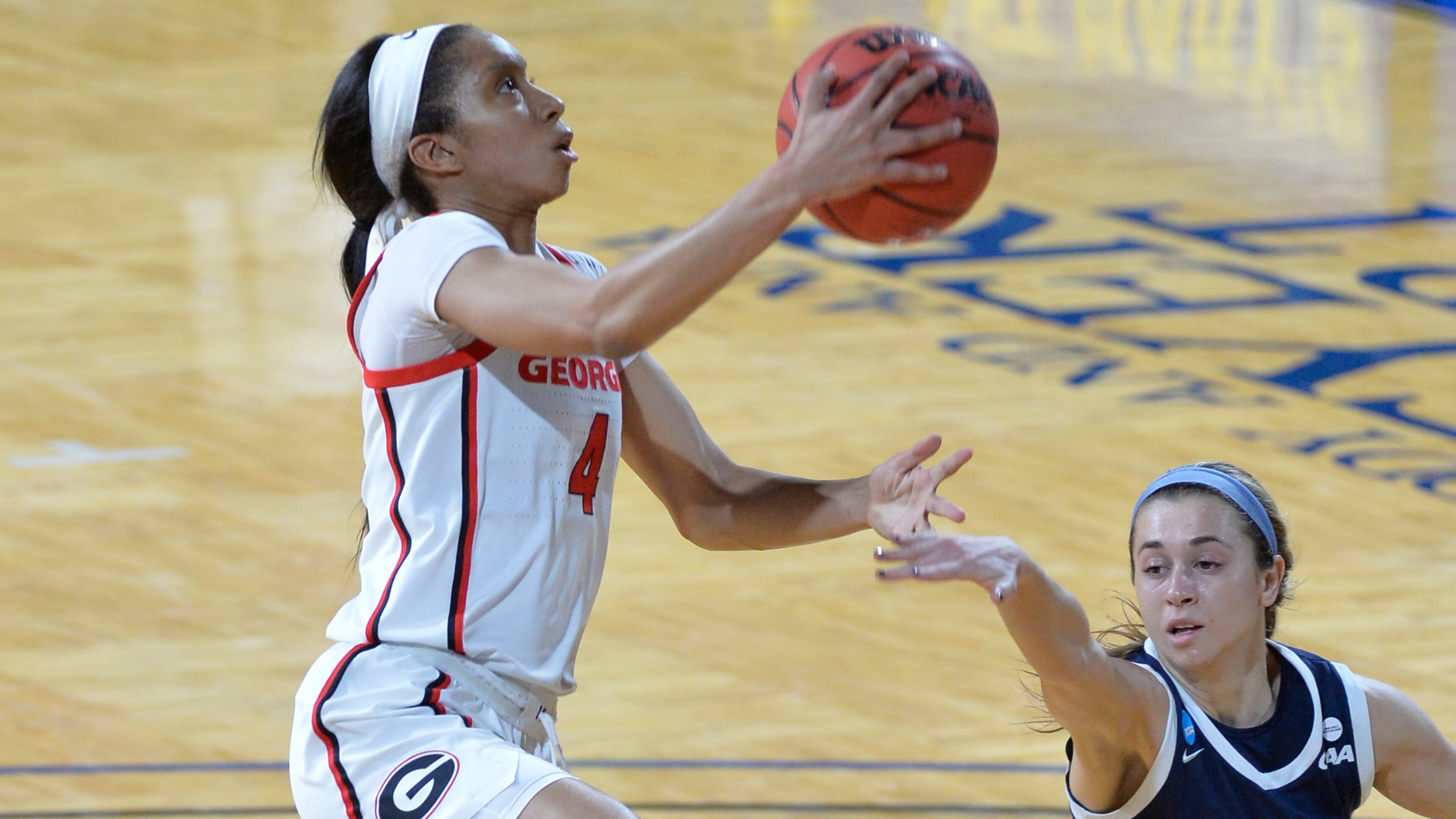 Georgia guard Mikayla Coombs (4) goes for the layup against Drexel in the first round of the NCAA Tournament Monday, March 22, 2021, in San Antonio, Texas. (Mark Sobhani/UGA)