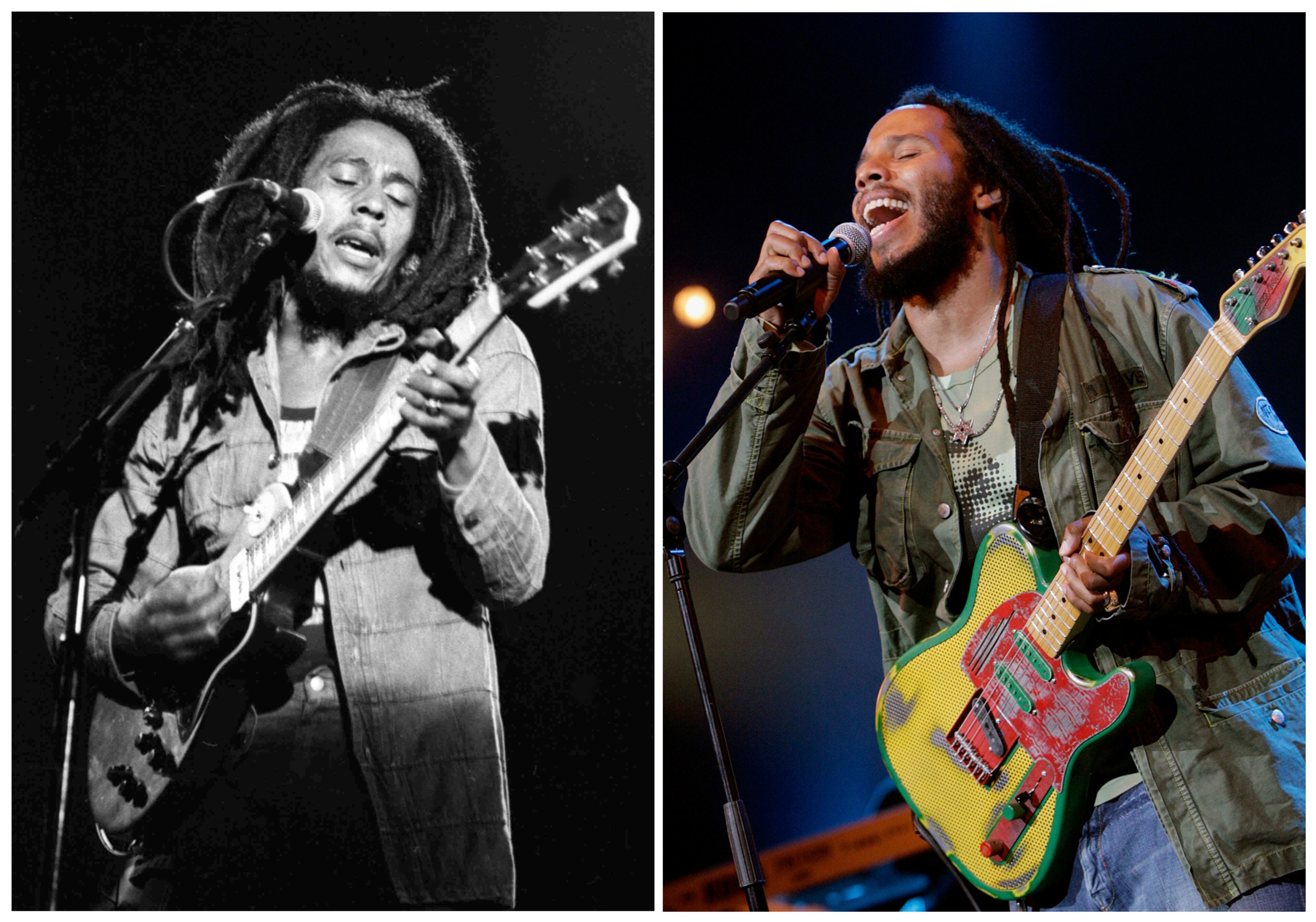 Jamaican Reggae legend Bob Marley performs at a reggae festival concert in Paris on July 4, 1980, left, and his son Ziggy Marley performs during the Paleo Festival, in Nyon, Switzerland on July 19, 2006. (AP Photo/Keystone, Salvatore Di Nolfi, right)