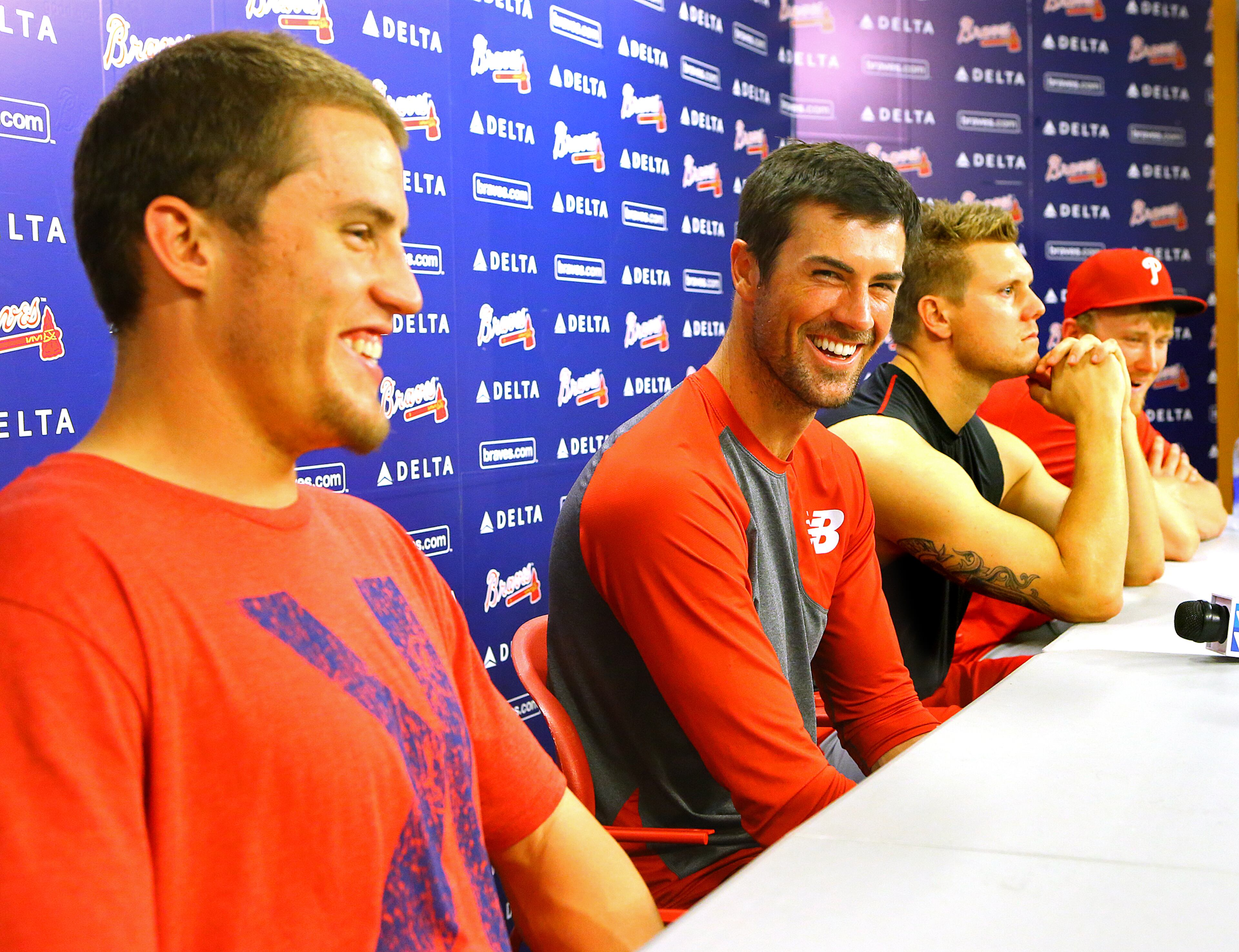 Phillies pitchers Ken Giles (from left), Cole Hamels, Jonathan Papelbon, and Jake Diekman hold a post game press conference after they combined to pitch a 7-0 no hitter against the Braves in a baseball game in Atlanta on Monday, Sept. 1, 2014. Hamels went the first six innings in the no hitter. CURTIS COMPTON / CCOMPTON@AJC.COM