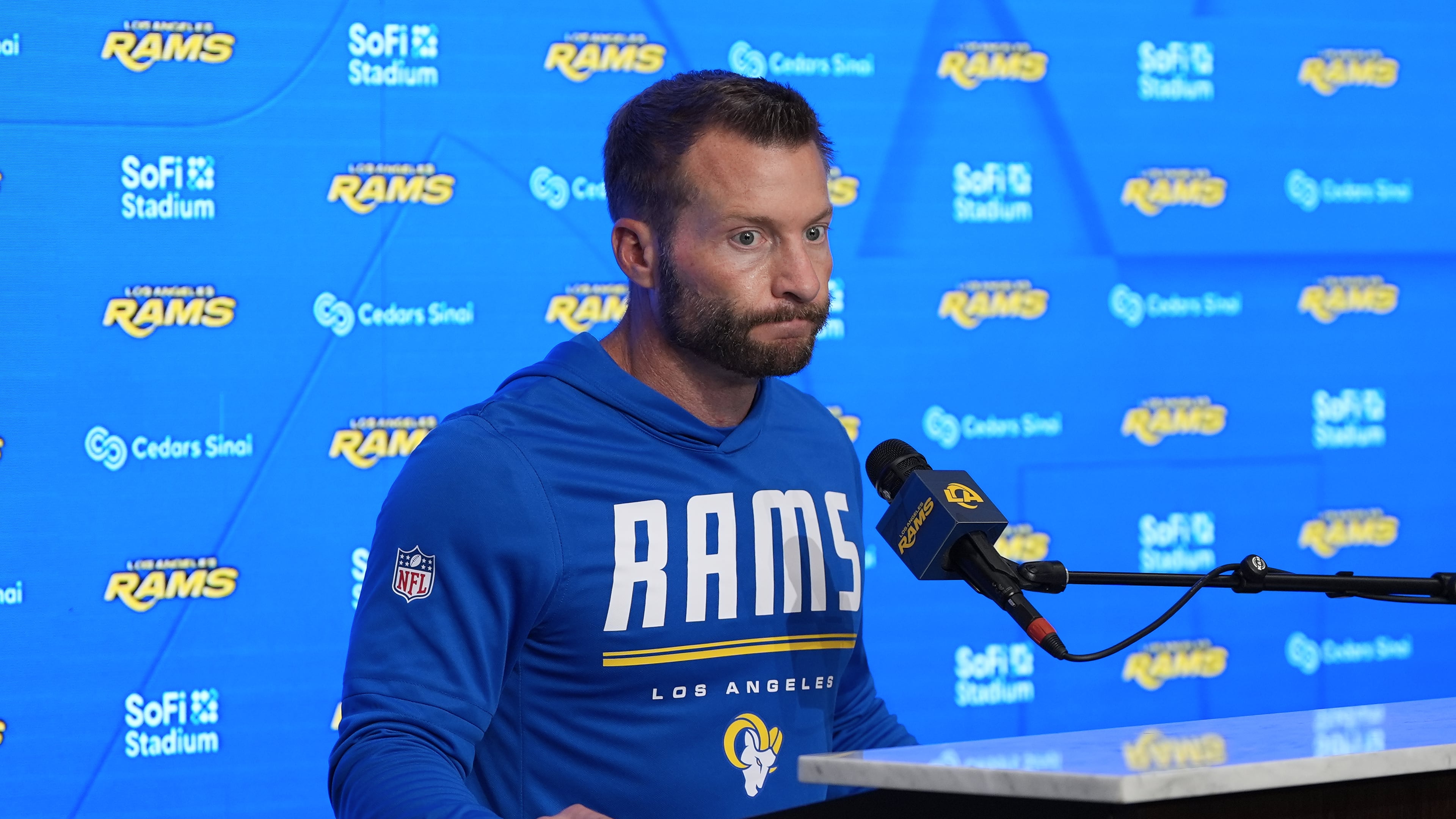 Los Angeles Rams head coach Sean McVay speaks at a news conference after an NFL football game against the Arizona Cardinals in Inglewood, Calif., Sunday, Oct. 18, 2026. (AP Photo/Gregory Bull)