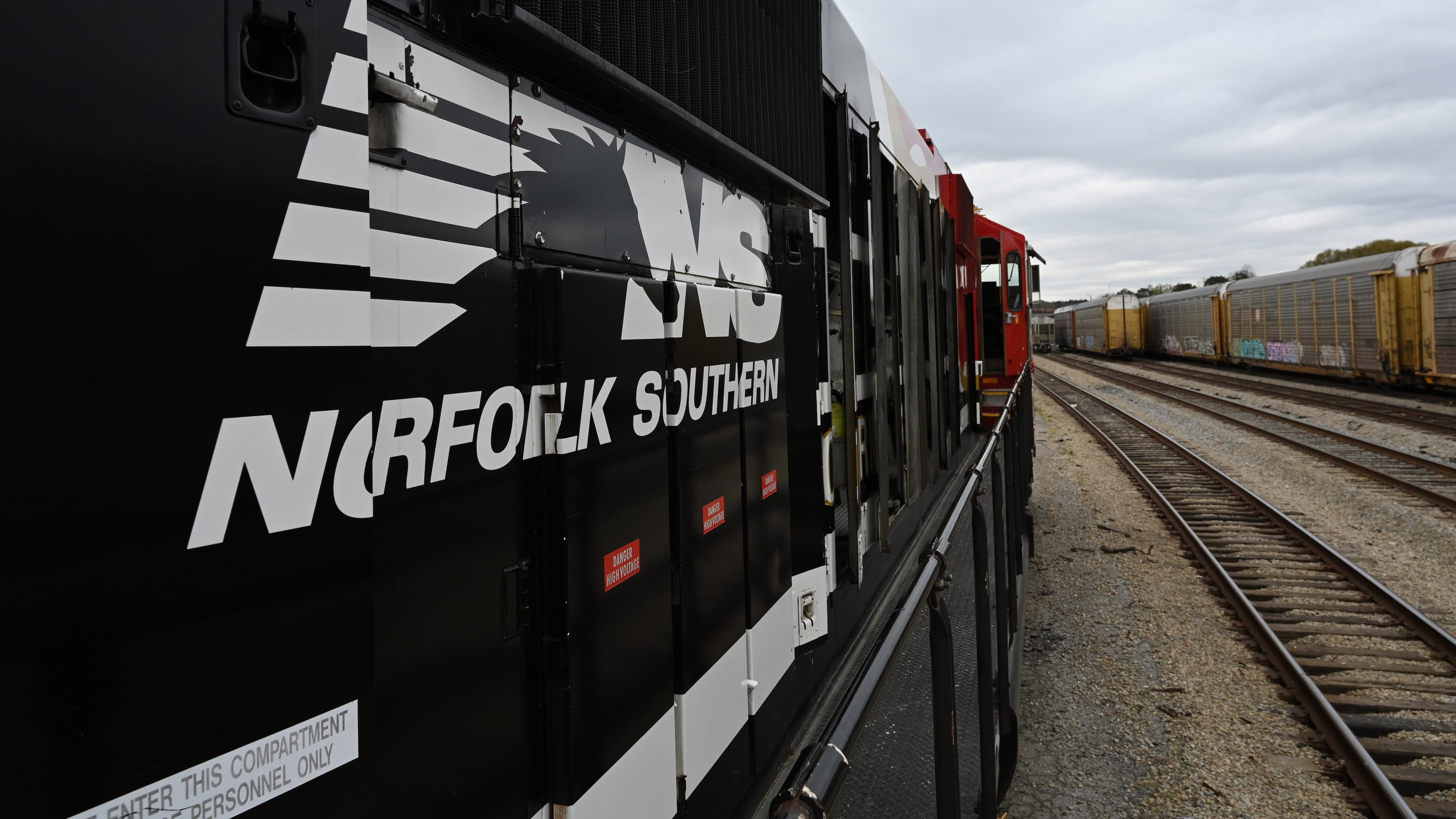 Norfolk Southern’s "Safety Train" (left) makes a stop in East Point, Wednesday, March 24, 2026. The Safety Train provides free, hands-on emergency response training for Atlanta-area first responders. (Hyosub Shin/AJC)