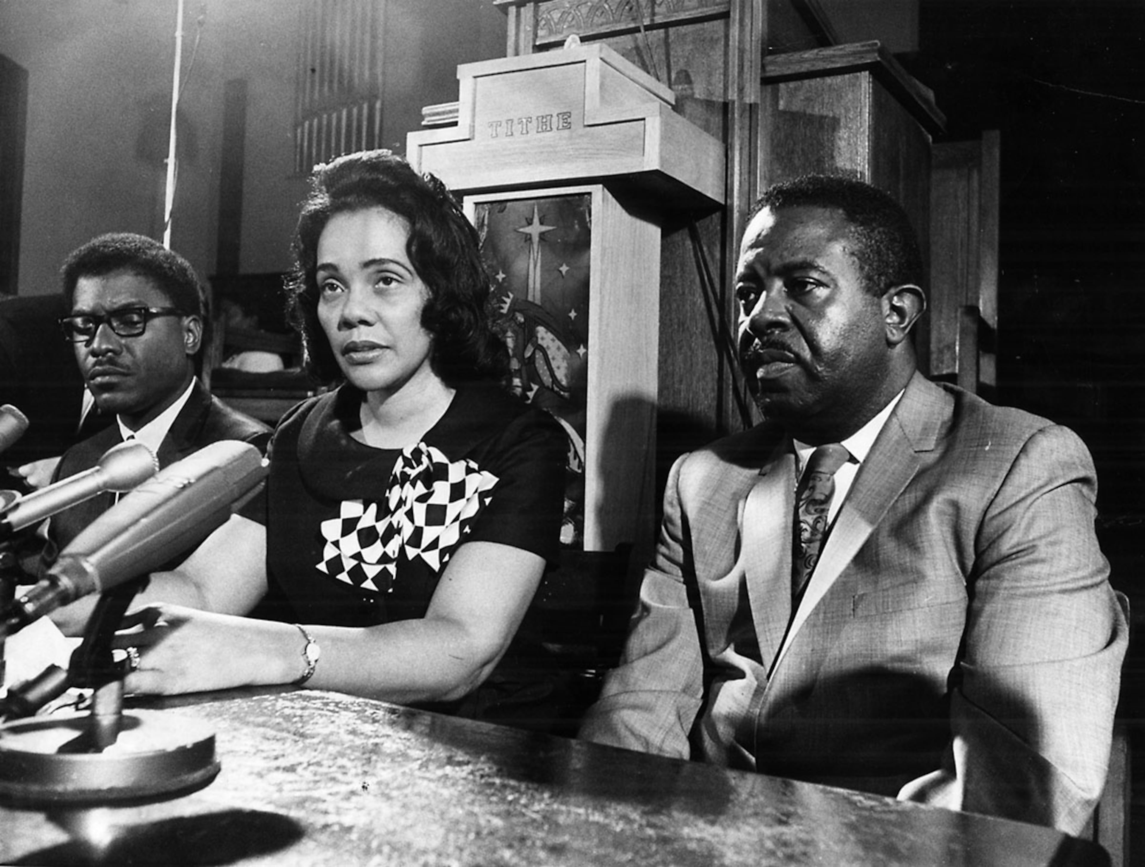 1968: Abernathy joins Coretta Scott King during an Atlanta press conference, two days after the assassination of her husband. Click here for more images of Coretta Scott King through the years. (Noel Davis / AJC file)