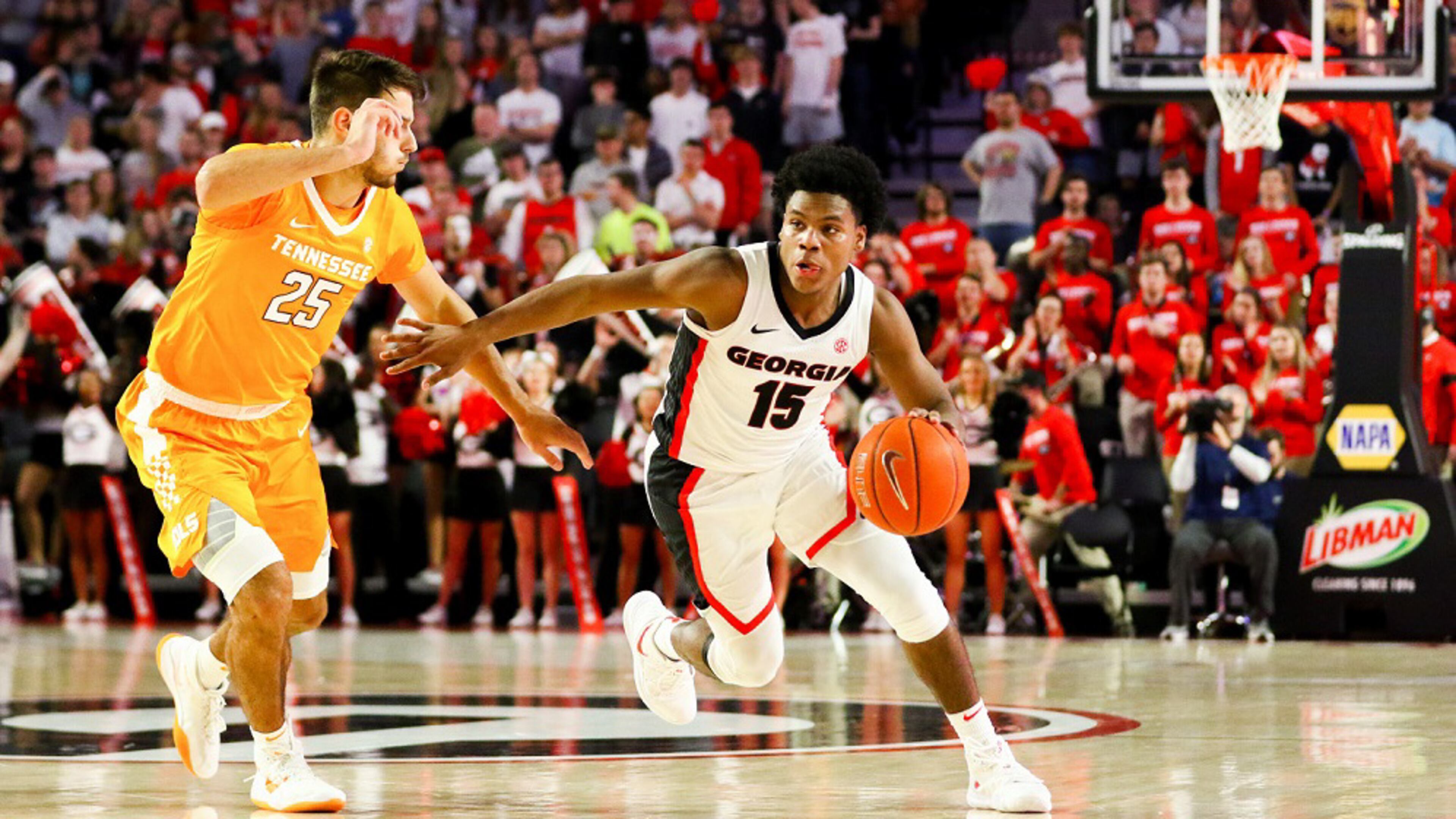 Georgia basketball player Sahvir Wheeler (15) during a game against Tennessee at Stegeman Coliseum in Athens, Ga., on Wednesday, Jan. 15, 2020. (Photo by Tony Walsh/UGA Athletics)