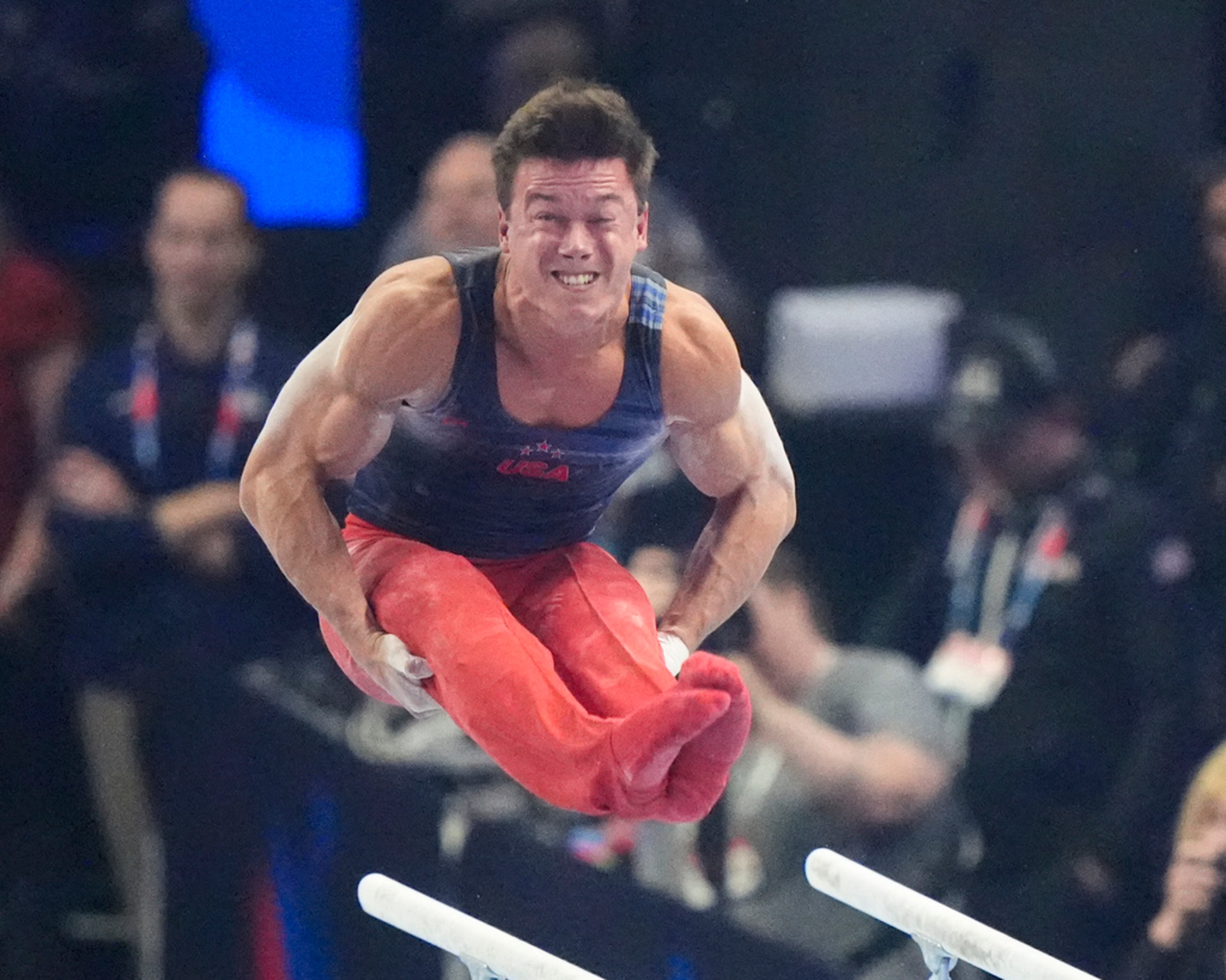 Brody Malone of Rockmart competes on the parallel bars at the United States Gymnastics Olympic Trials on Thursday, June 27, 2024 in Minneapolis. (AP Photo/Charlie Riedel)