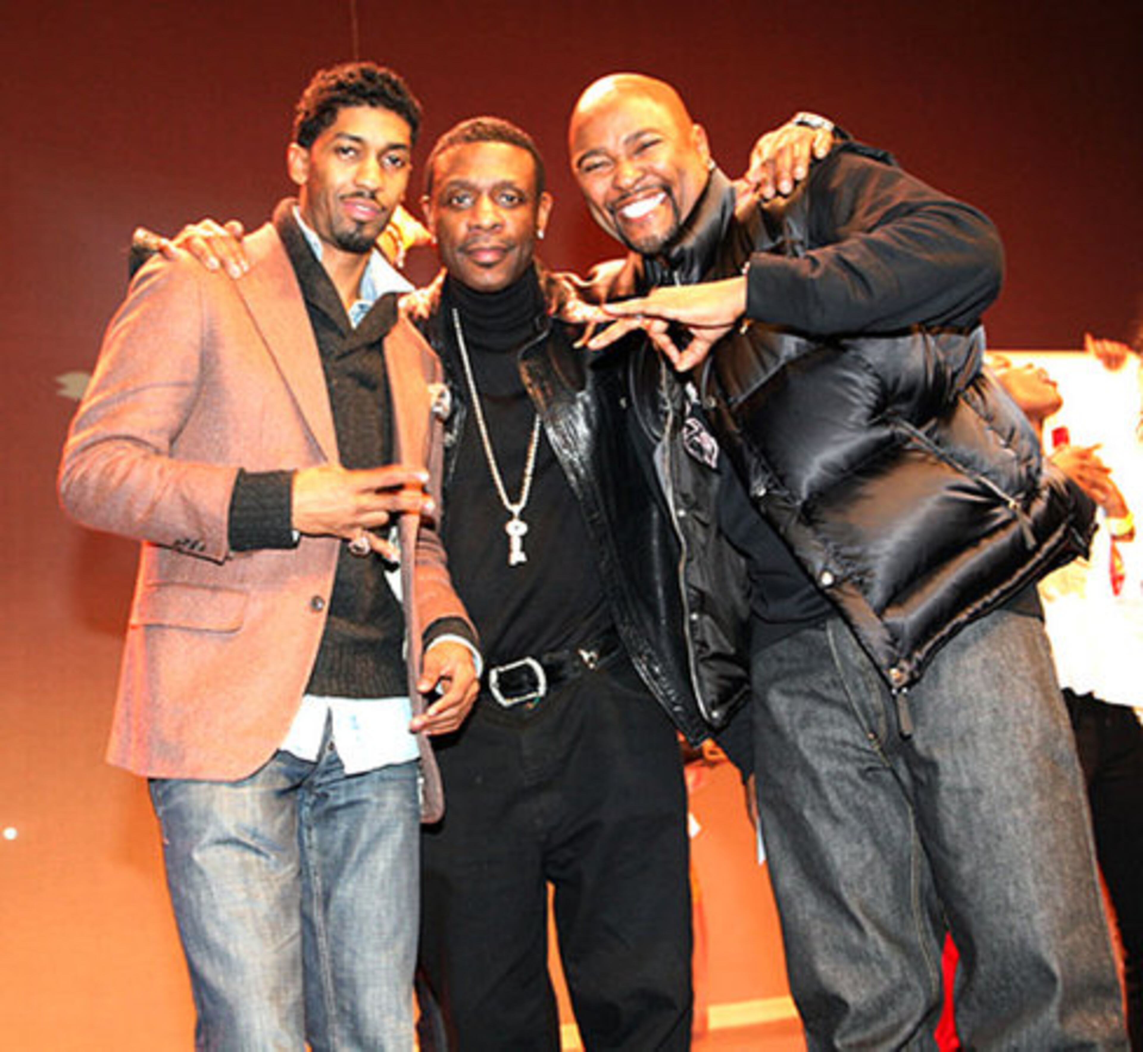 Actor Farnsworth Bentley, singer Keith Sweat and deejay Ryan Cameron pose onstage.
