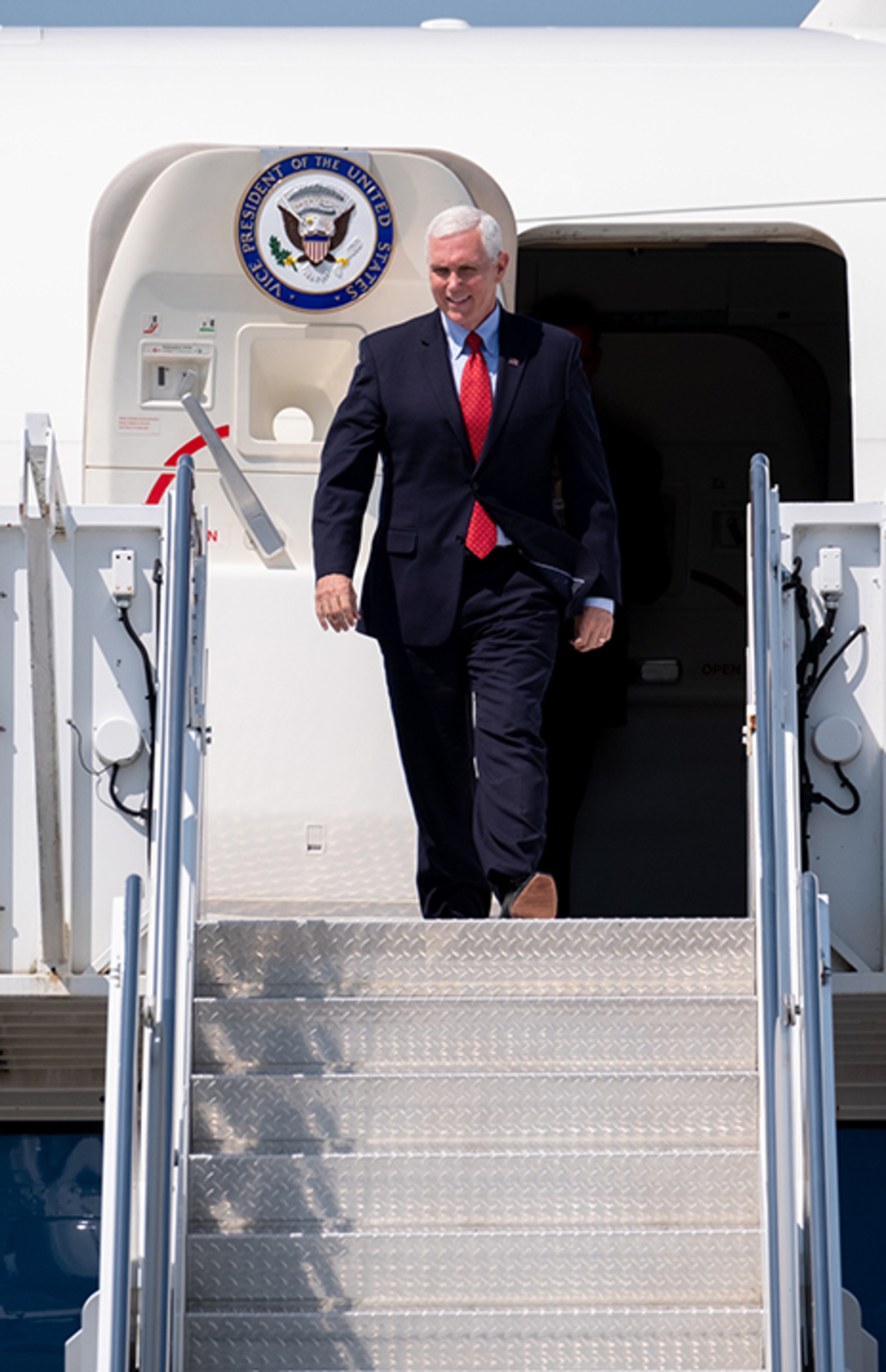 Vice President Mike Pence deplanes Air Force Two lands at Dobbins Air Reserve Base in Marietta on Friday, May 22, 2020. (Photo: Ben Gray for The Atlanta Journal-Constitution)