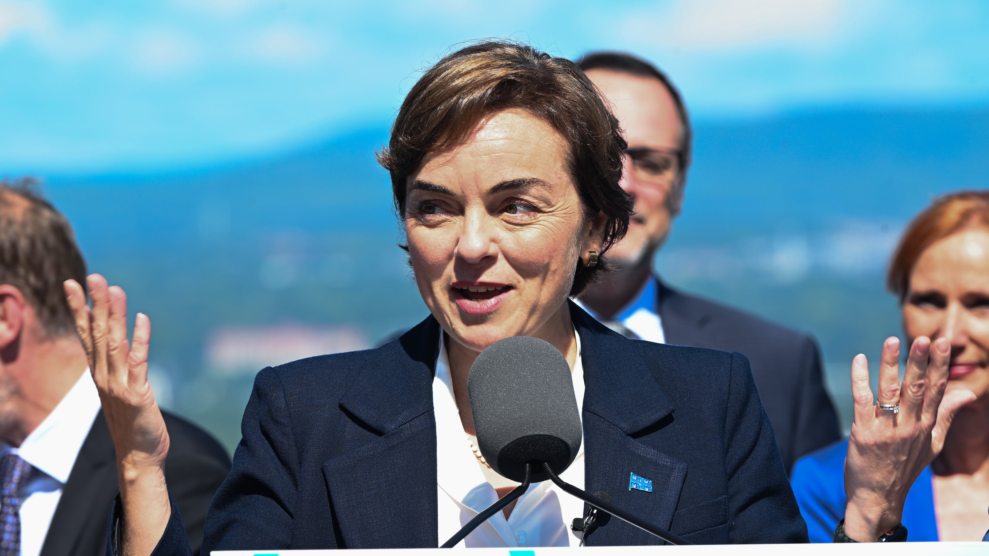 Coalition Avenir Quebec Leader Christine Frechette speaks during a news conference after calling a general election in Quebec City, on Thursday, Aug. 27, 2026. (Jacques B/The Canadian Press via AP)