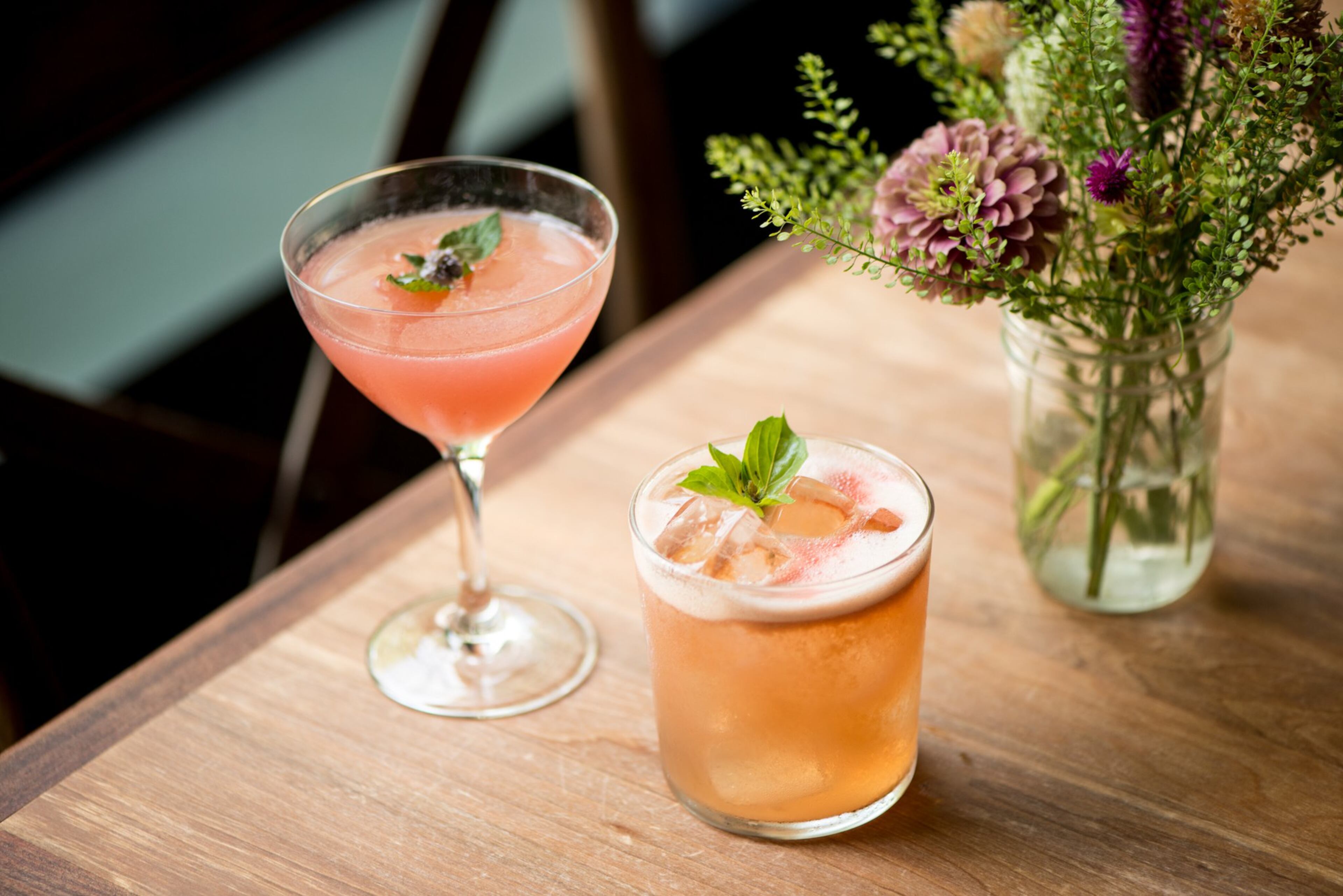 The Deer and the Dove cocktails, Something Genteel (left) and Juanita's Sloe Gin Fizz (right). Photo credit- Mia Yakel.