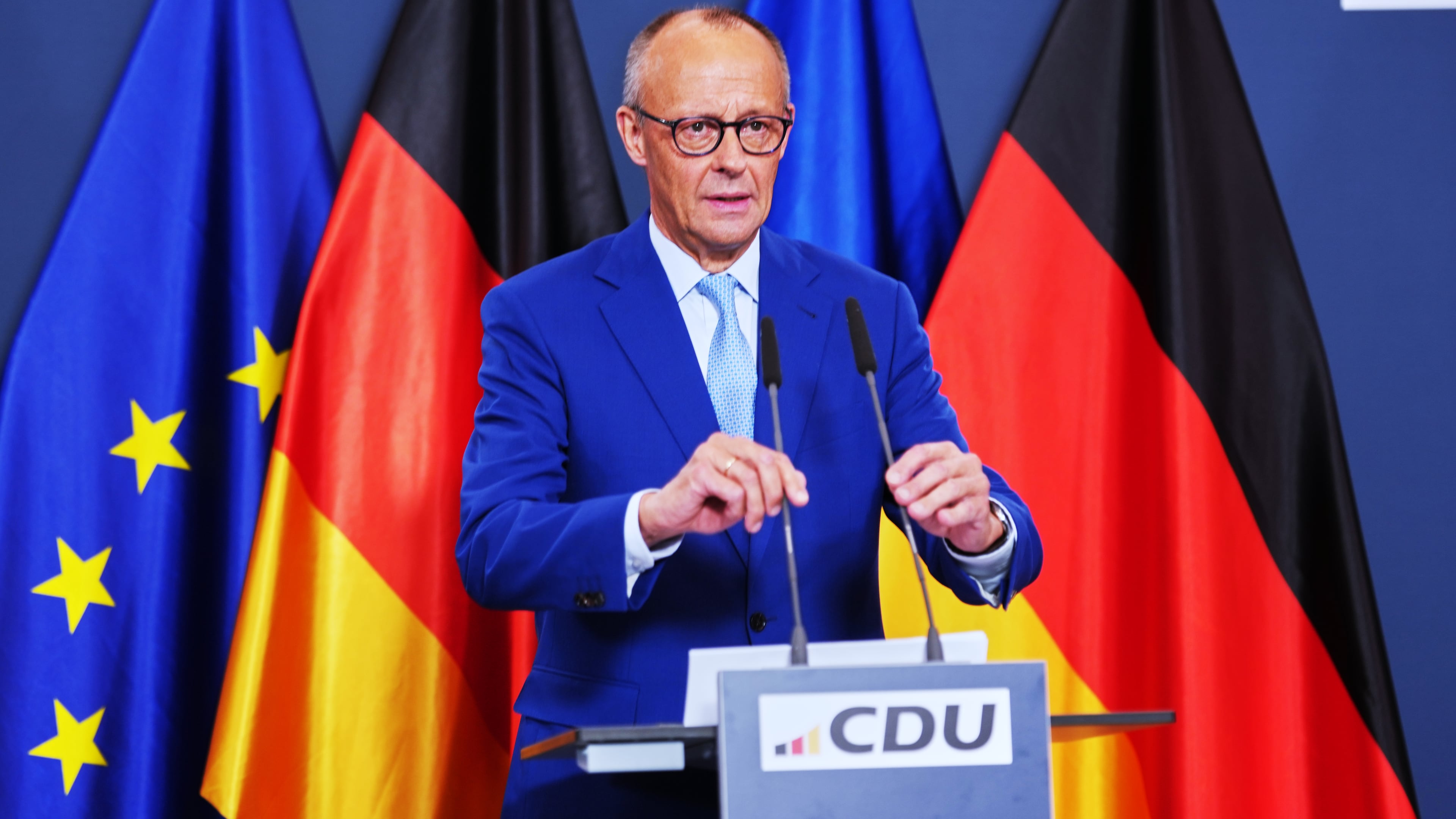 German Chancellor Friedrich Merz speaks to media at the Christian Democratic Union party headquarters in Berlin, Germany, Sunday, Sept. 20, 2026. (AP Photo/Markus Schreiber)