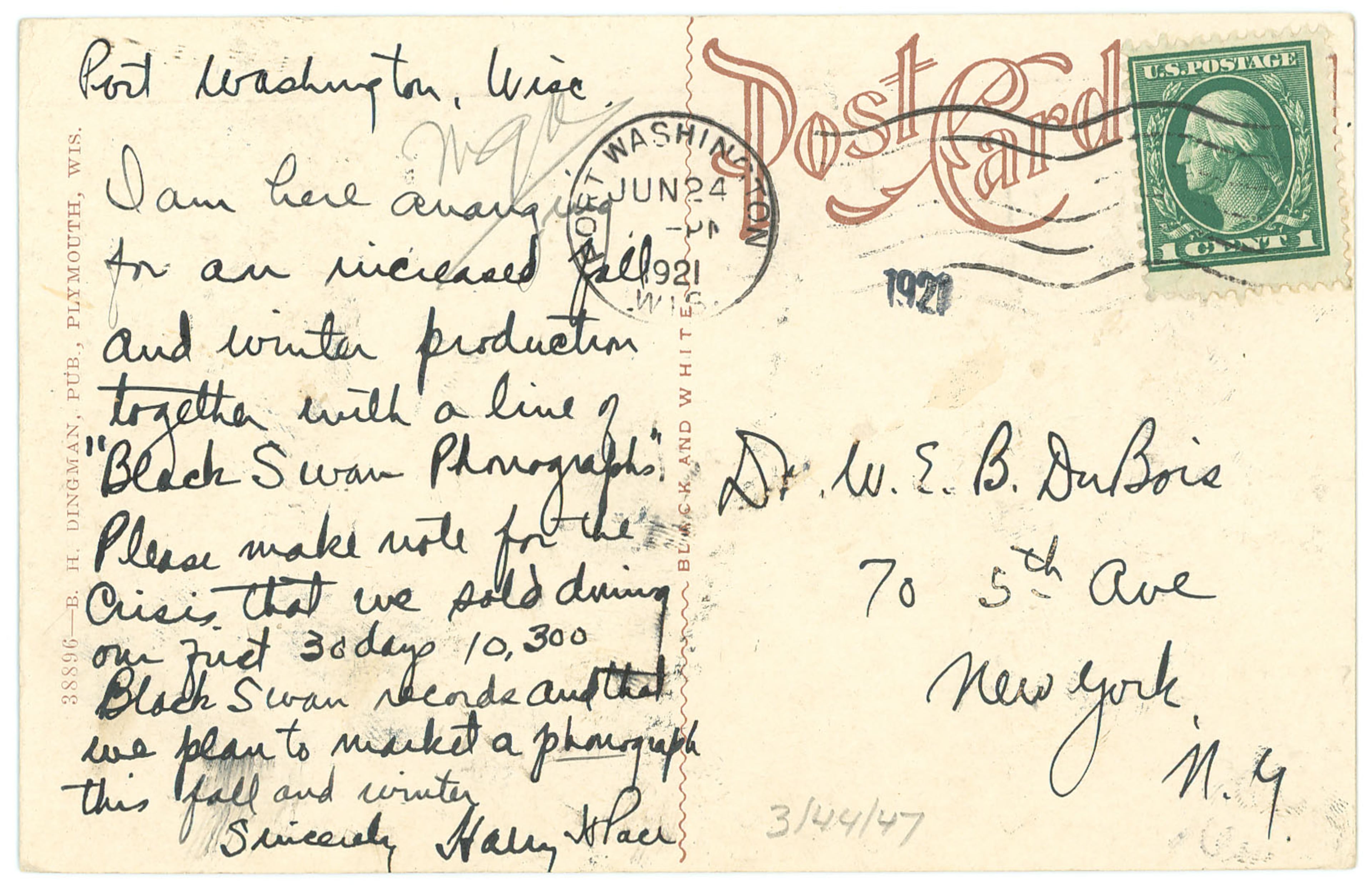 Postcard from Harry H. Pace to W. E. B. Du Bois, June 24, 1921. W. E. B. Du Bois Papers (MS 312). Courtesy of Special Collections and University Archives, University of Massachusetts Amherst Libraries