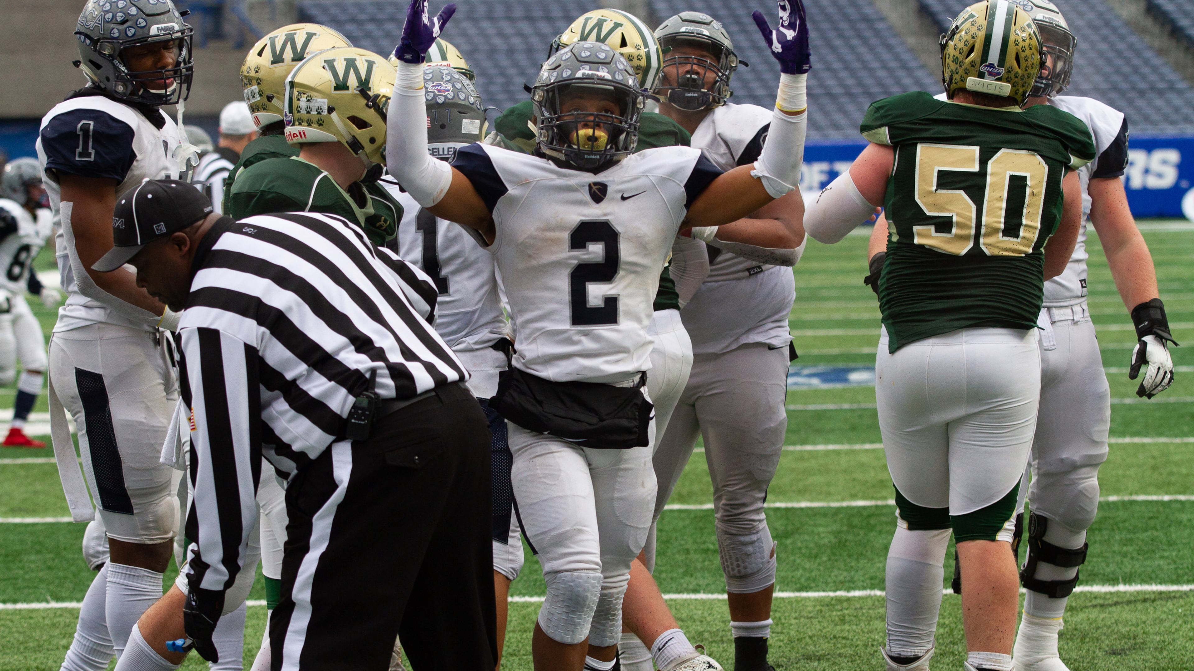 Eagle's Landing Christian Academy's Keaton Mitchell scores a touchdown during the Class A private state title football championship game against Wesleyan High School at Georgia State Stadium Friday, December 13, 2019. STEVE SCHAEFER / SPECIAL TO THE AJC