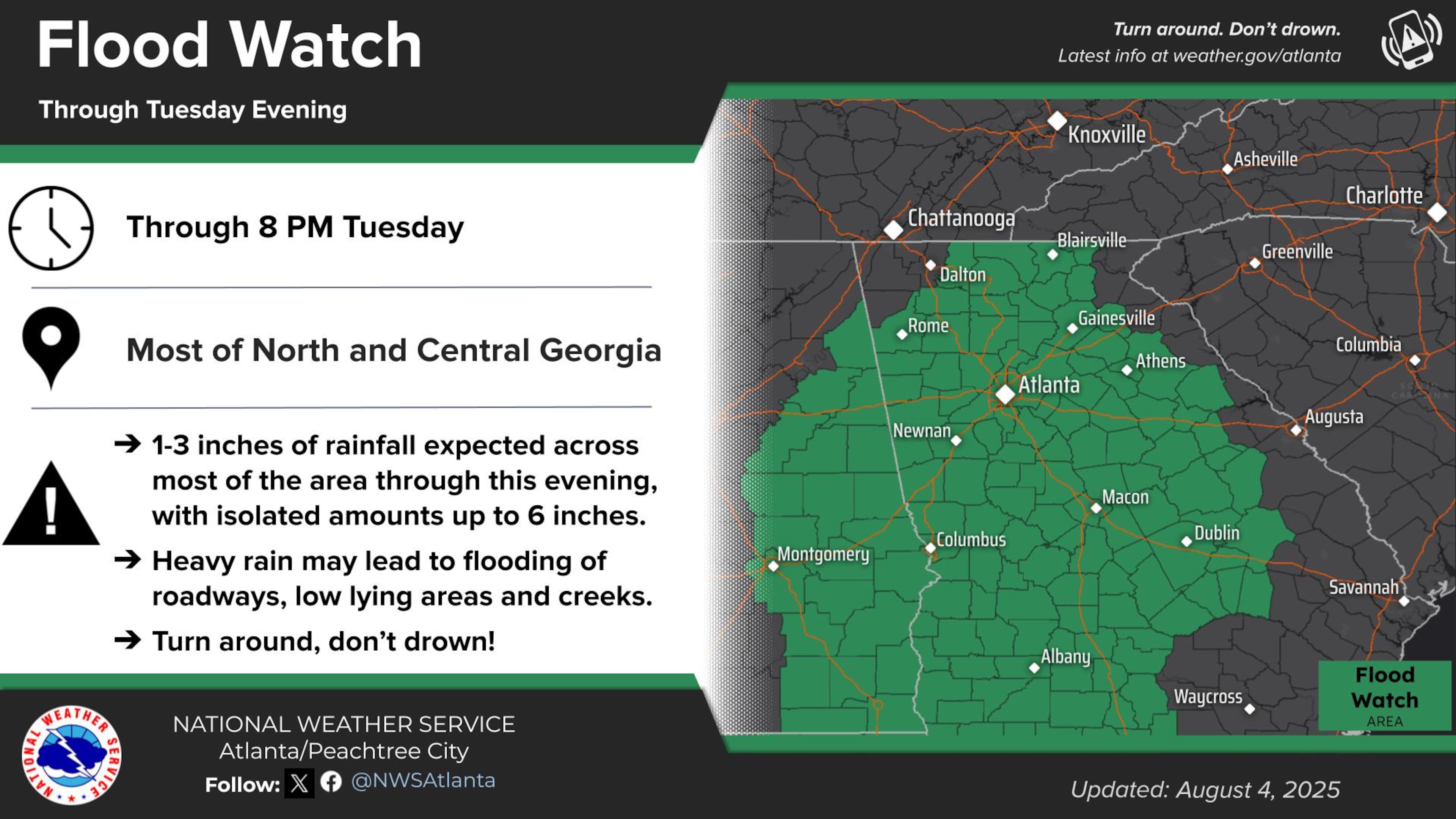 A flood watch that covers most of Georgia is in effect through 8 p.m. Tuesday, Aug. 5, 2025. (National Weather Service)