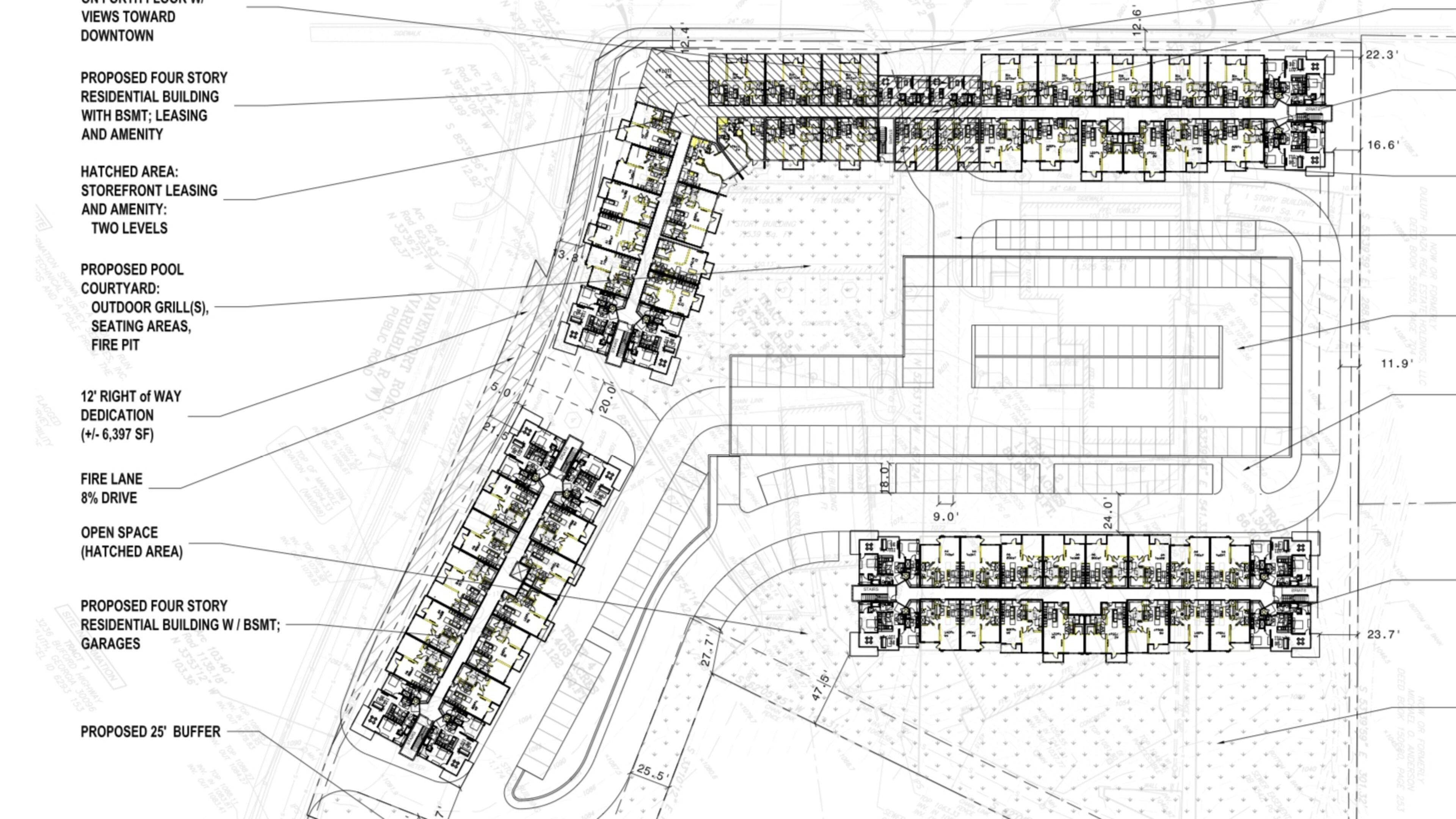 One version of the proposed plan for a multi-family project at Buford Highway and Davenport Road. (Courtesy City of Duluth)