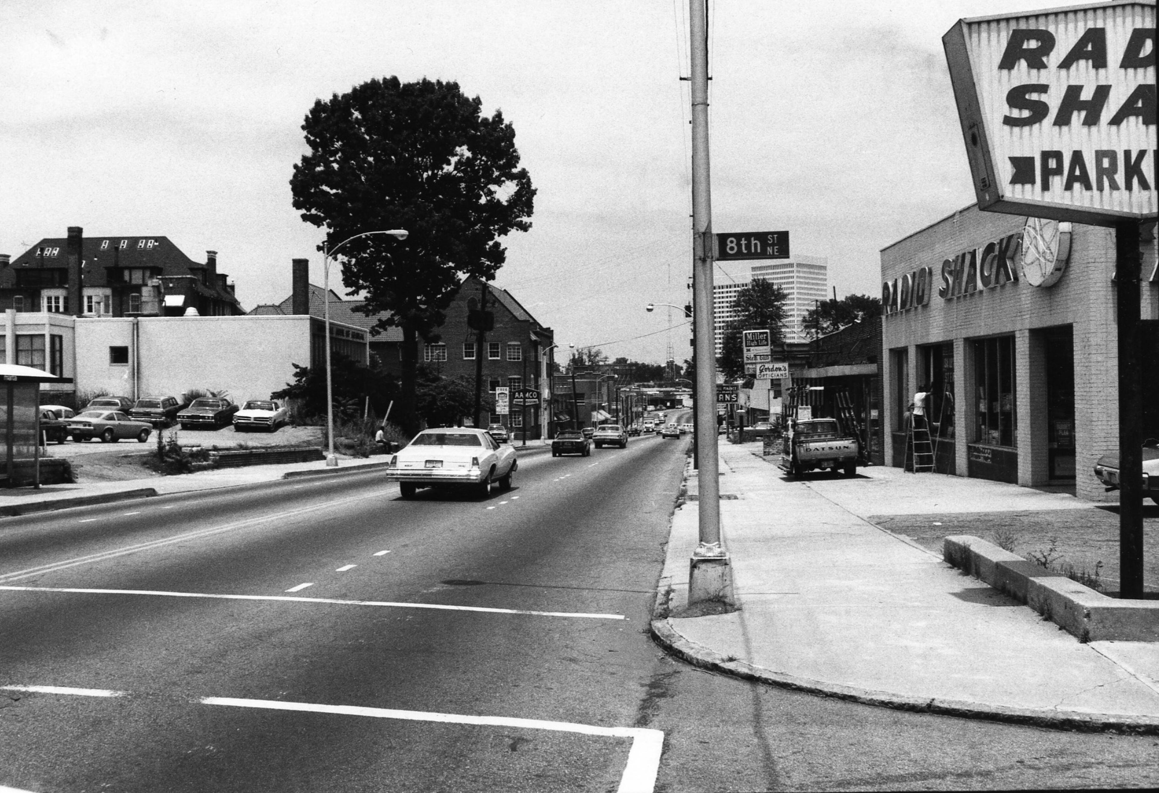 June 10, 1977 -- Peachtree Street in Midtown Atlanta looking north from 8th Street. Colony Square is visible at far right.