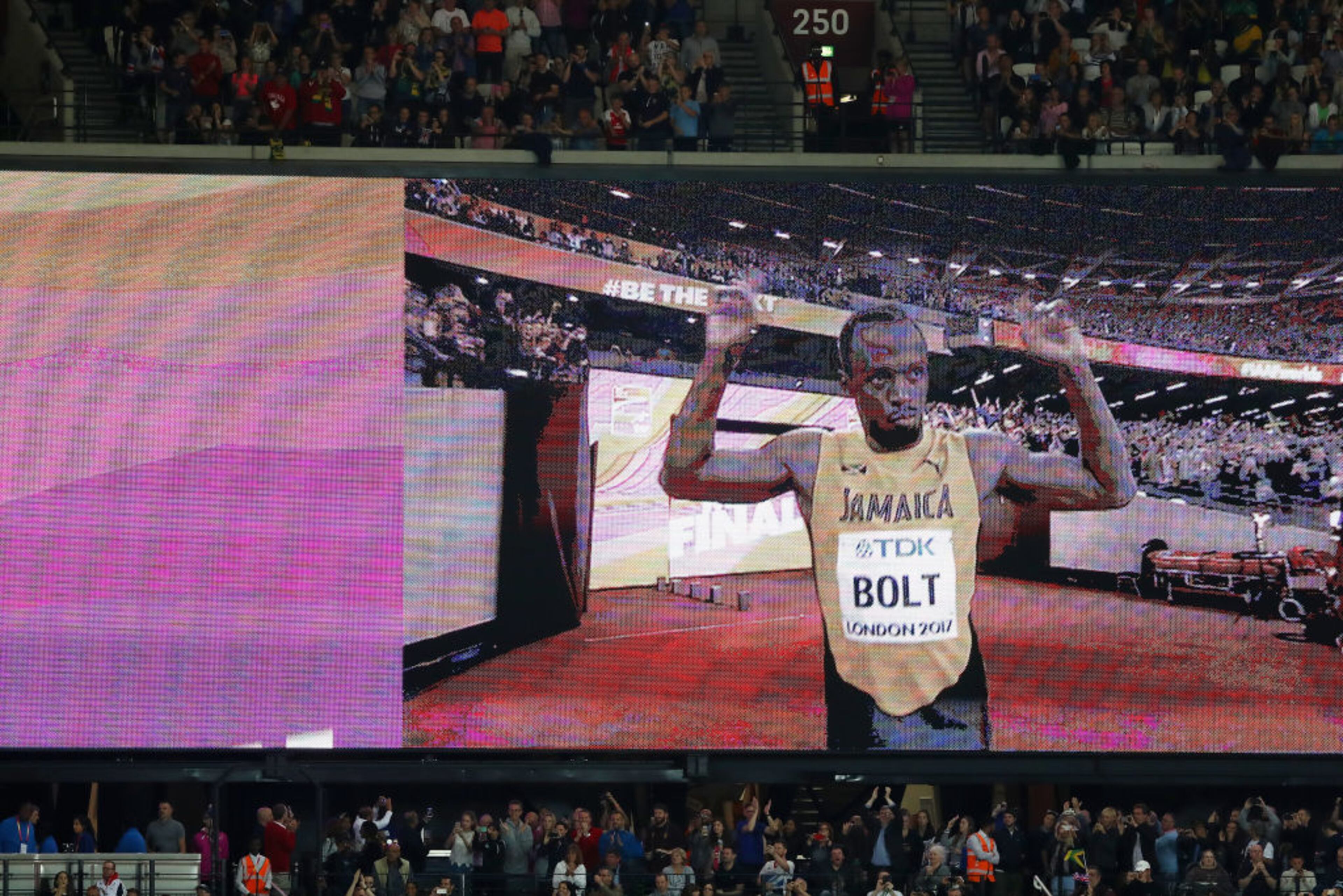 LONDON, ENGLAND - AUGUST 05: Usain Bolt of Jamaica is pictured on the big screen prior to the mens 100m final during day two of the 16th IAAF World Athletics Championships London 2017 at The London Stadium on August 5, 2017 in London, United Kingdom. (Photo by Richard Heathcote/Getty Images)
