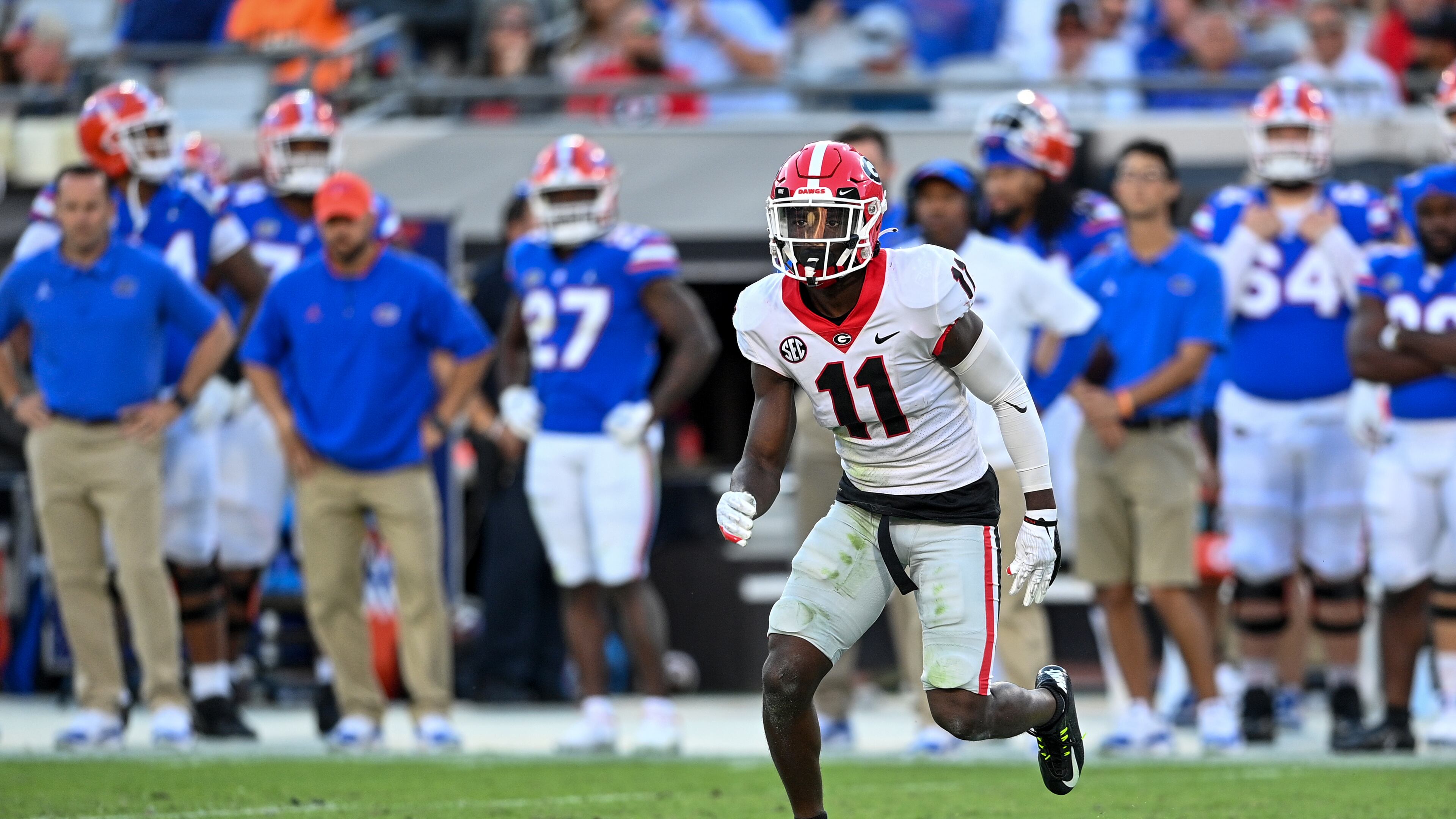 Georgia cornerback Derion Kendrick (11), here playing against Florida at TIAA Bank Field in Jacksonville, Fla., on Saturday, Oct. 30, 2021, has proven to be a valuable offseason acquisition for the Bulldogs (Photo by Rob Davis/UGA Athletics)