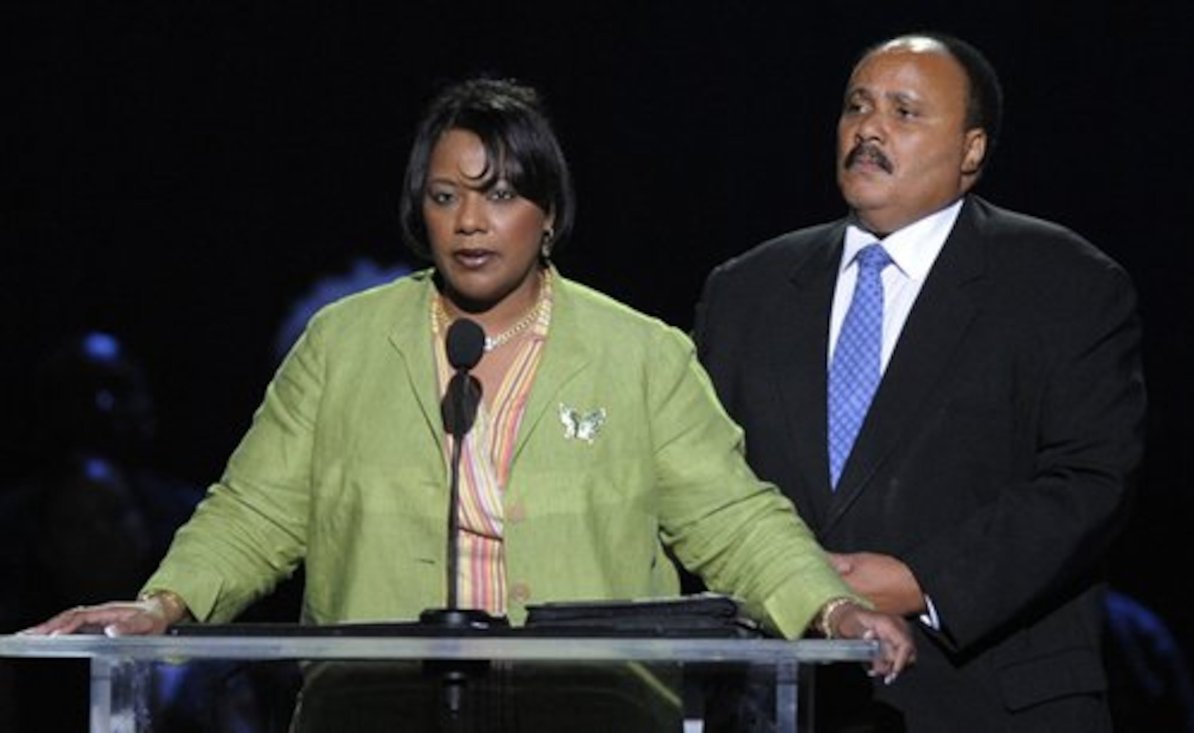 Bernice King and Martin Luther King III speak.