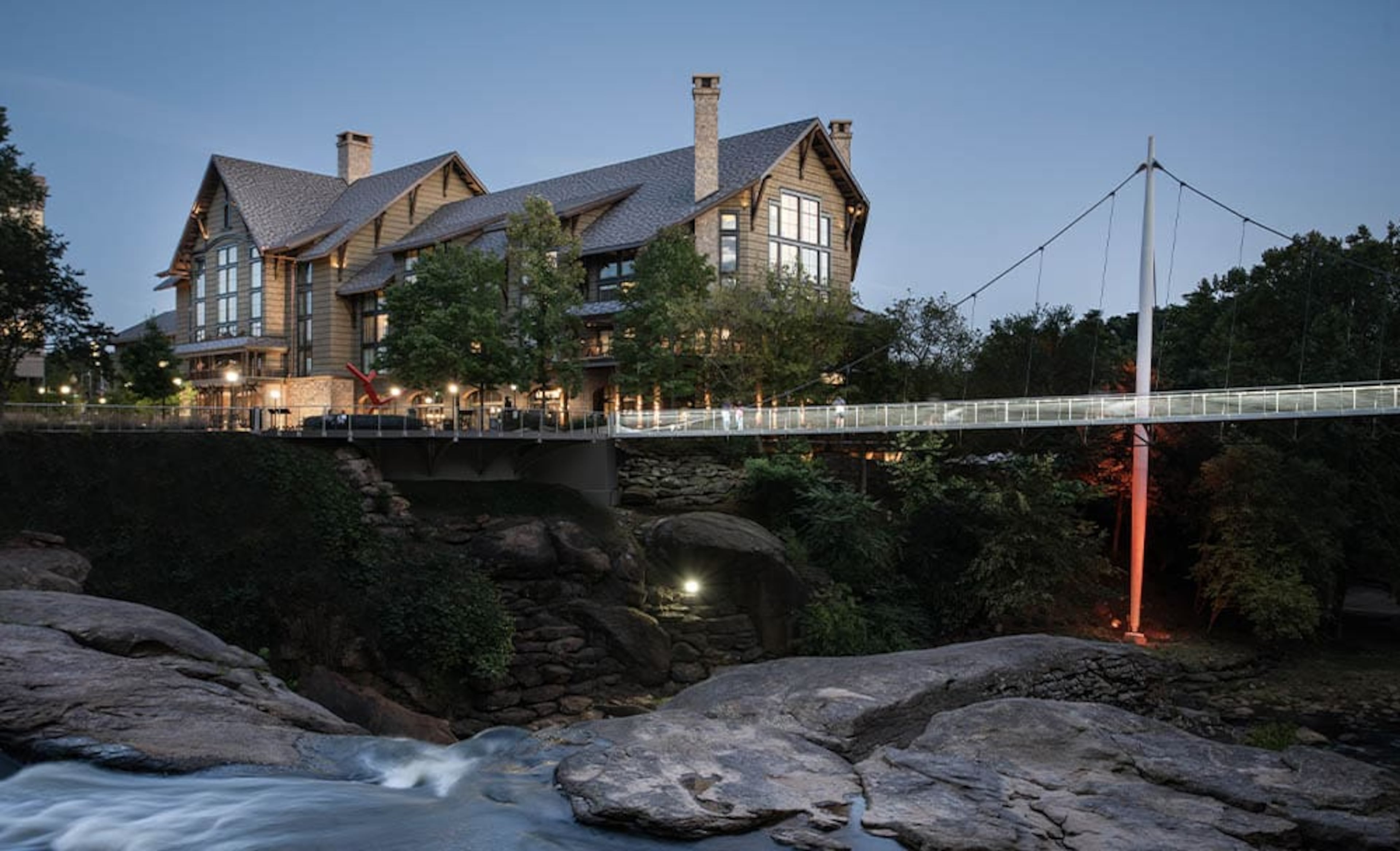 The Grand Bohemian Lodge in Greenville, S.C. sits above the Falls on the Reedy and features native American artifacts and western artwork. (Photo courtesy of The Kessler Collection)