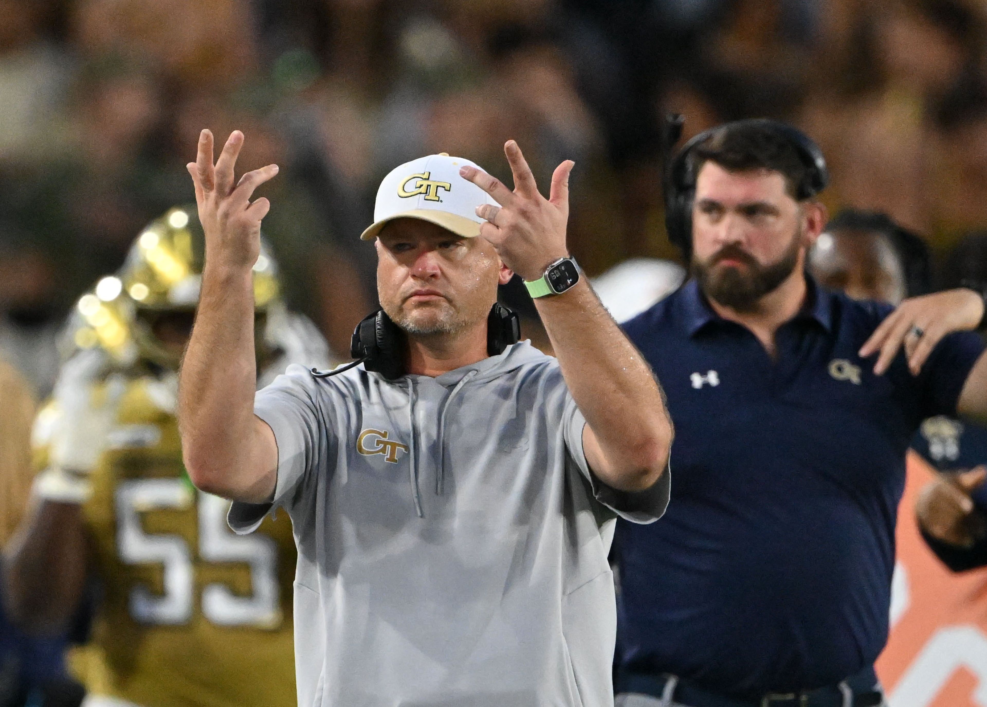Georgia Tech head coach Brent Key instructs during the first half of the game against Tennessee at Bobby Dodd Stadium on Saturday, Sept. 12, 2026, in Atlanta.(Hyosub Shin/AJC)