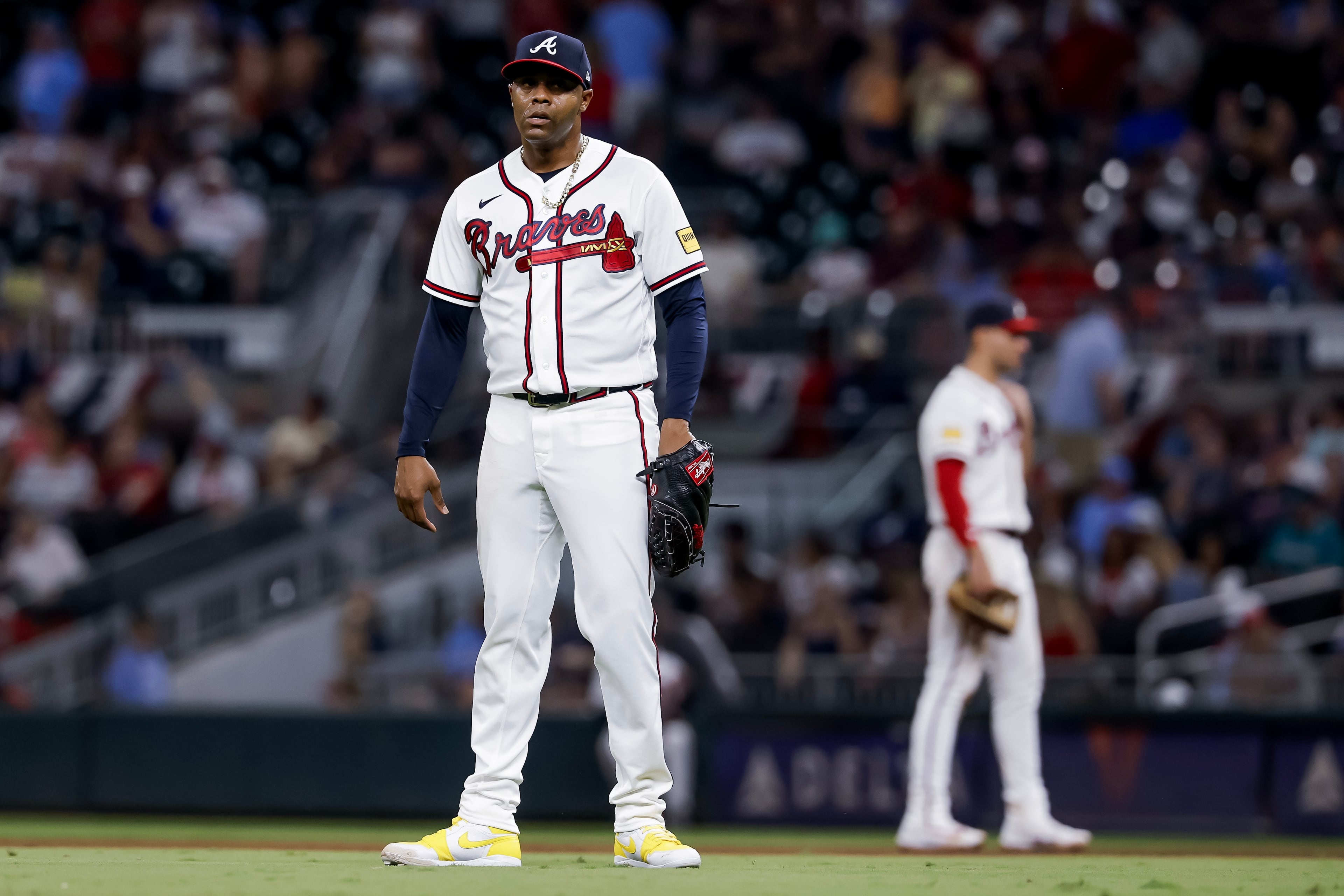 Closer Raisel Iglesias, shortly after giving up a three-run homer to the Mets' Juan Soto last month. (Erik S. Lesser/AP)
