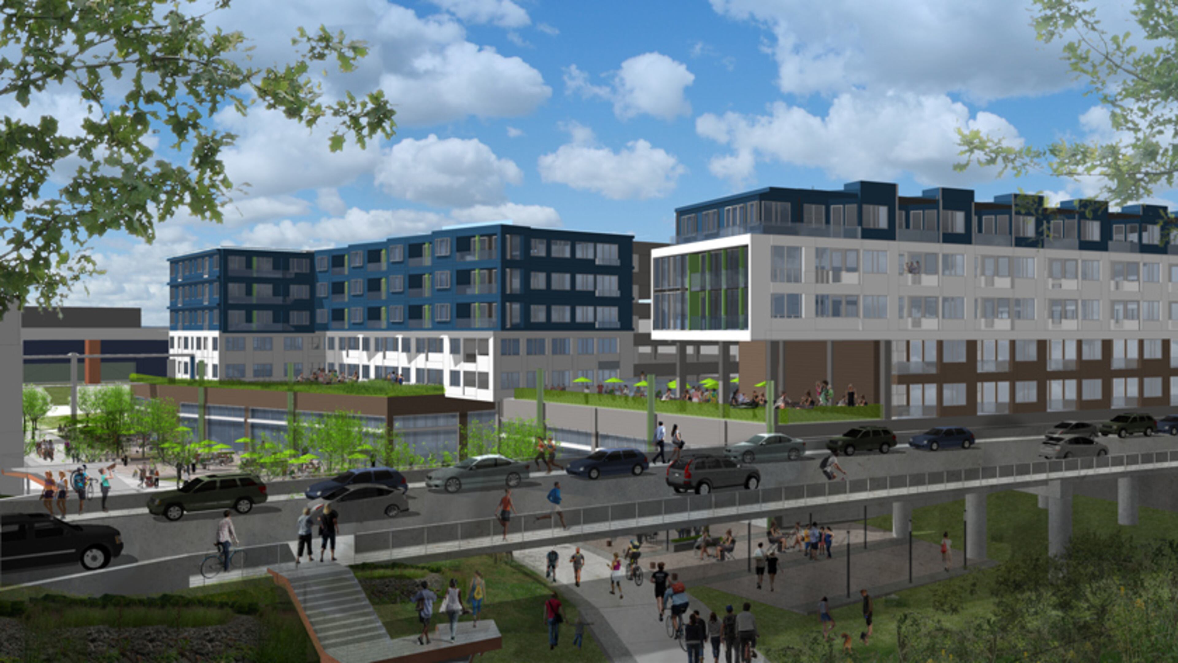 An $80 million mixed-use development with affordable housing is planned for a property on the Beltline. This rendering shows the view looking south from north of the Edgewood Avenue bridge.