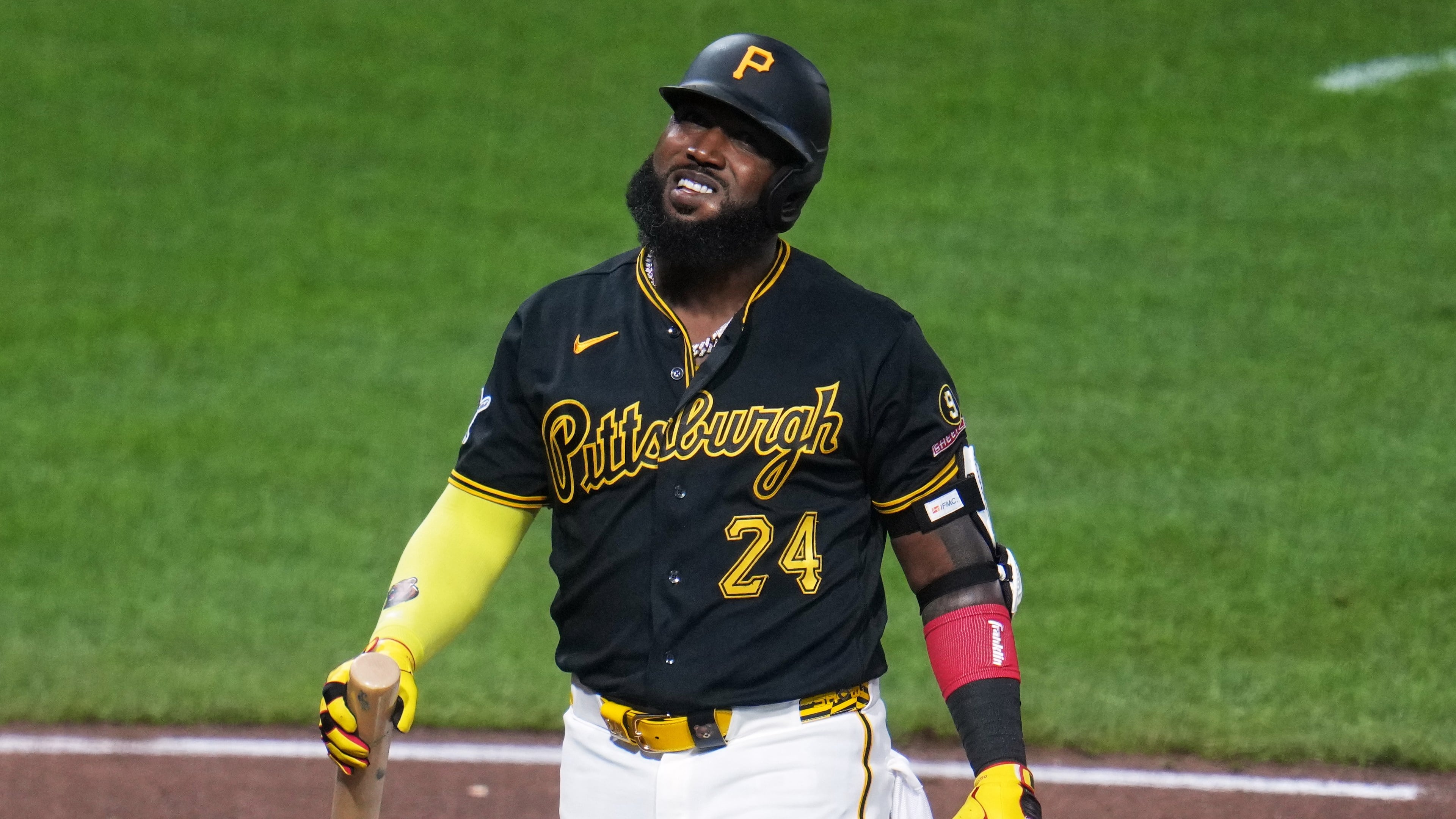 Pittsburgh Pirates' Marcell Ozuna collects himself after fouling off a pitch from Atlanta Braves pitcher Raisel Iglesias during the ninth inning of a baseball game in Pittsburgh, Wednesday, July 8, 2026. (AP Photo/Gene J. Puskar)