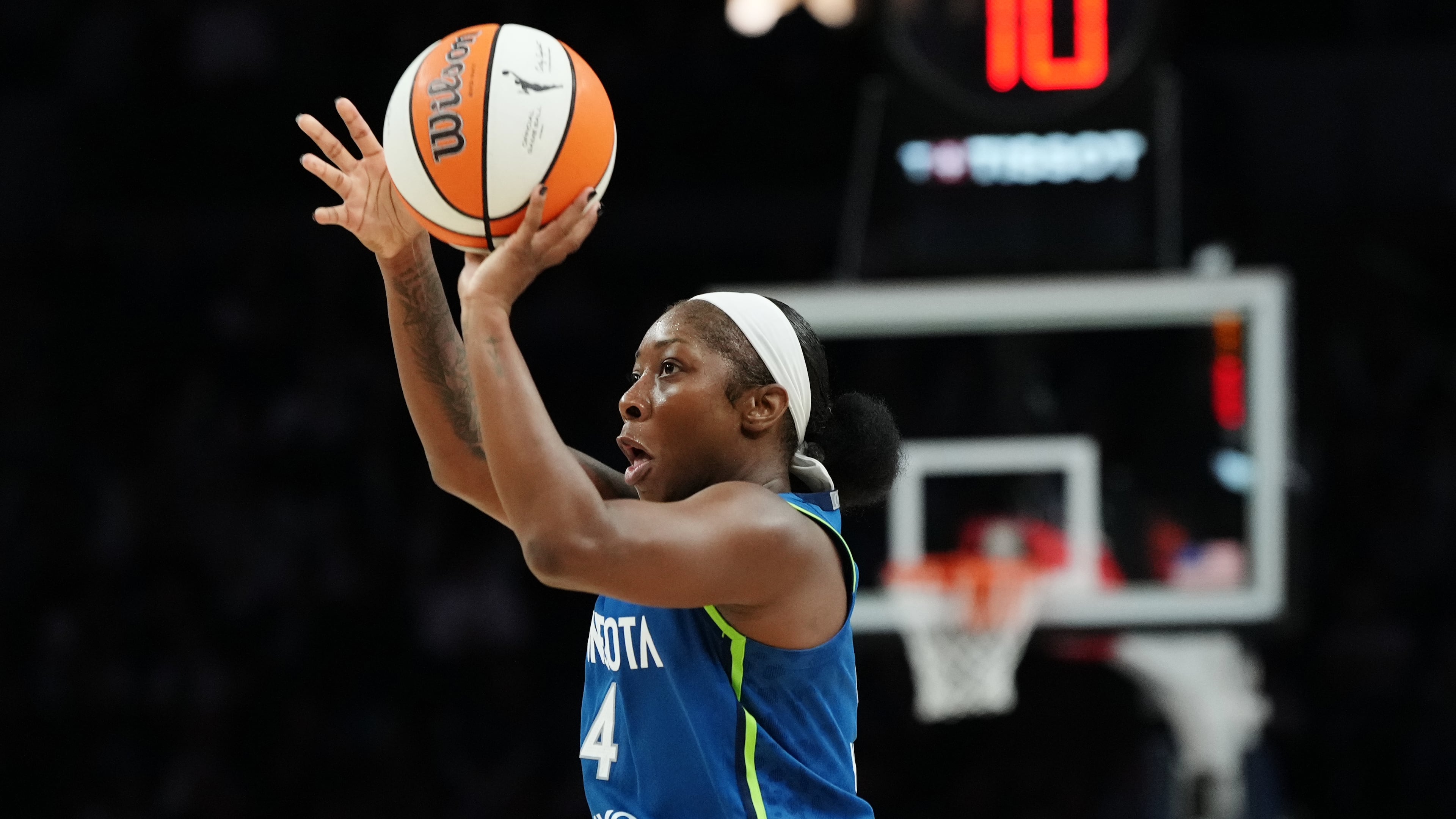 Minnesota Lynx guard Aari McDonald looks to shoot during the second half of a WNBA basketball game against the Indiana Fever, Thursday, Sept. 24, 2026, in Minneapolis. (AP Photo/Ellen Schmidt)