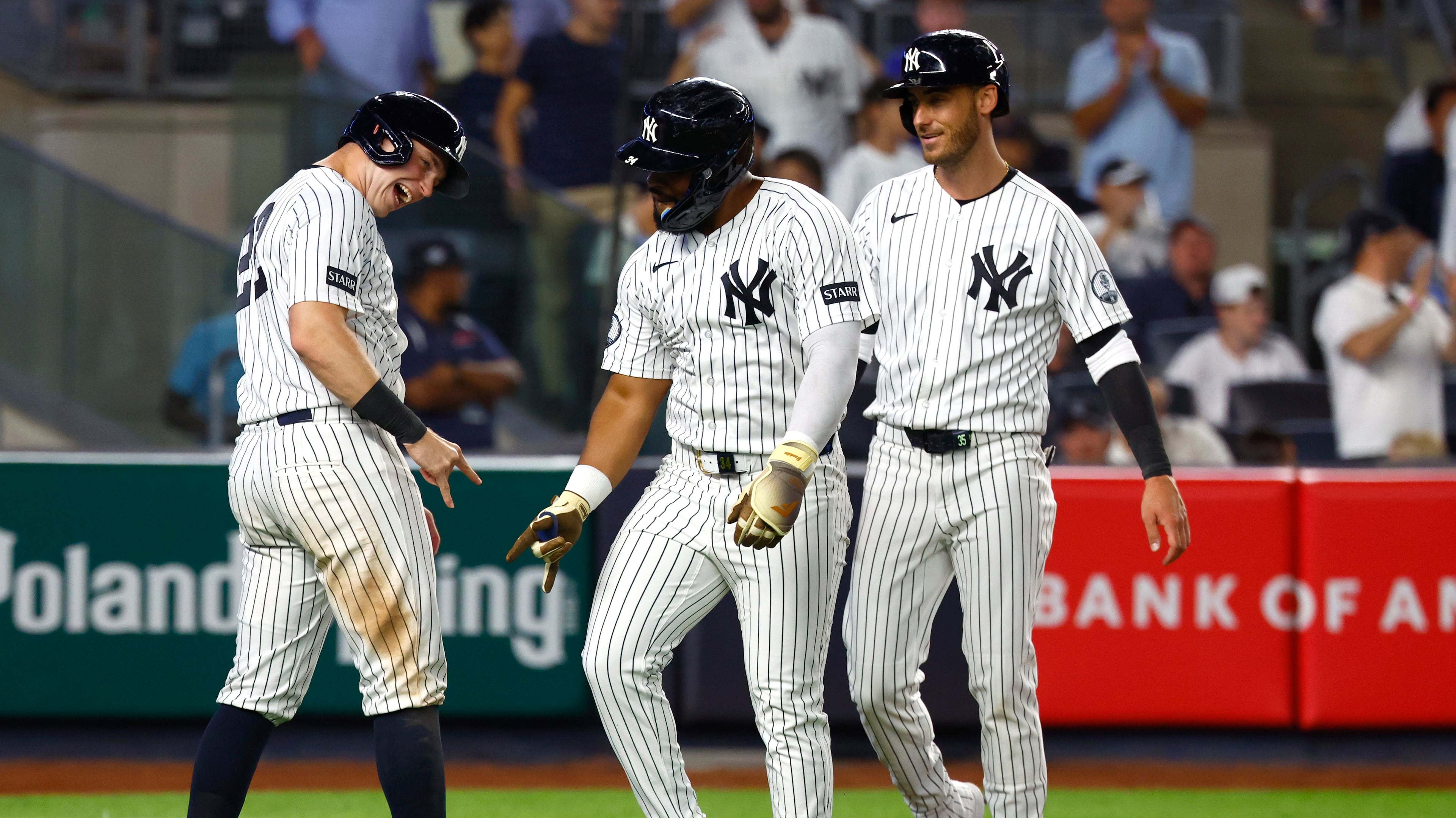 New York Yankees' Ben Rice, left and Heliot Ramos, right , celebrate after Ramos three-run home run during the eighth inning of a baseball game against theColorado Rockies , Tuesday, Sept. 8, 2026, in New York. (AP Photo/Noah K. Murray)