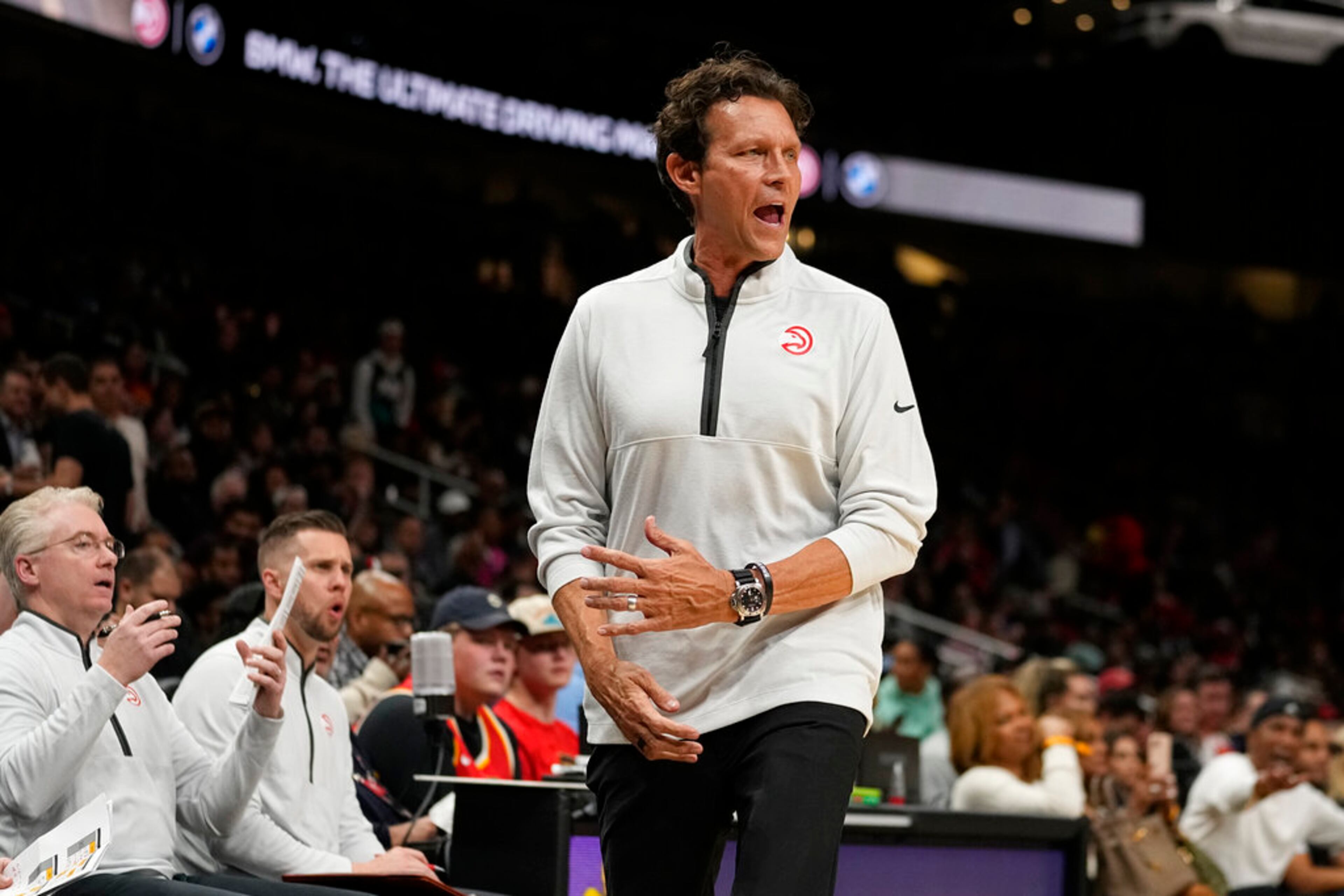 Atlanta Hawks beach coach Quit Snyder reacts after a foul call during the first half of an NBA basketball game against the Portland Trail Blazers, Friday, March 3, 2023, in Atlanta. (AP Photo/John Bazemore)