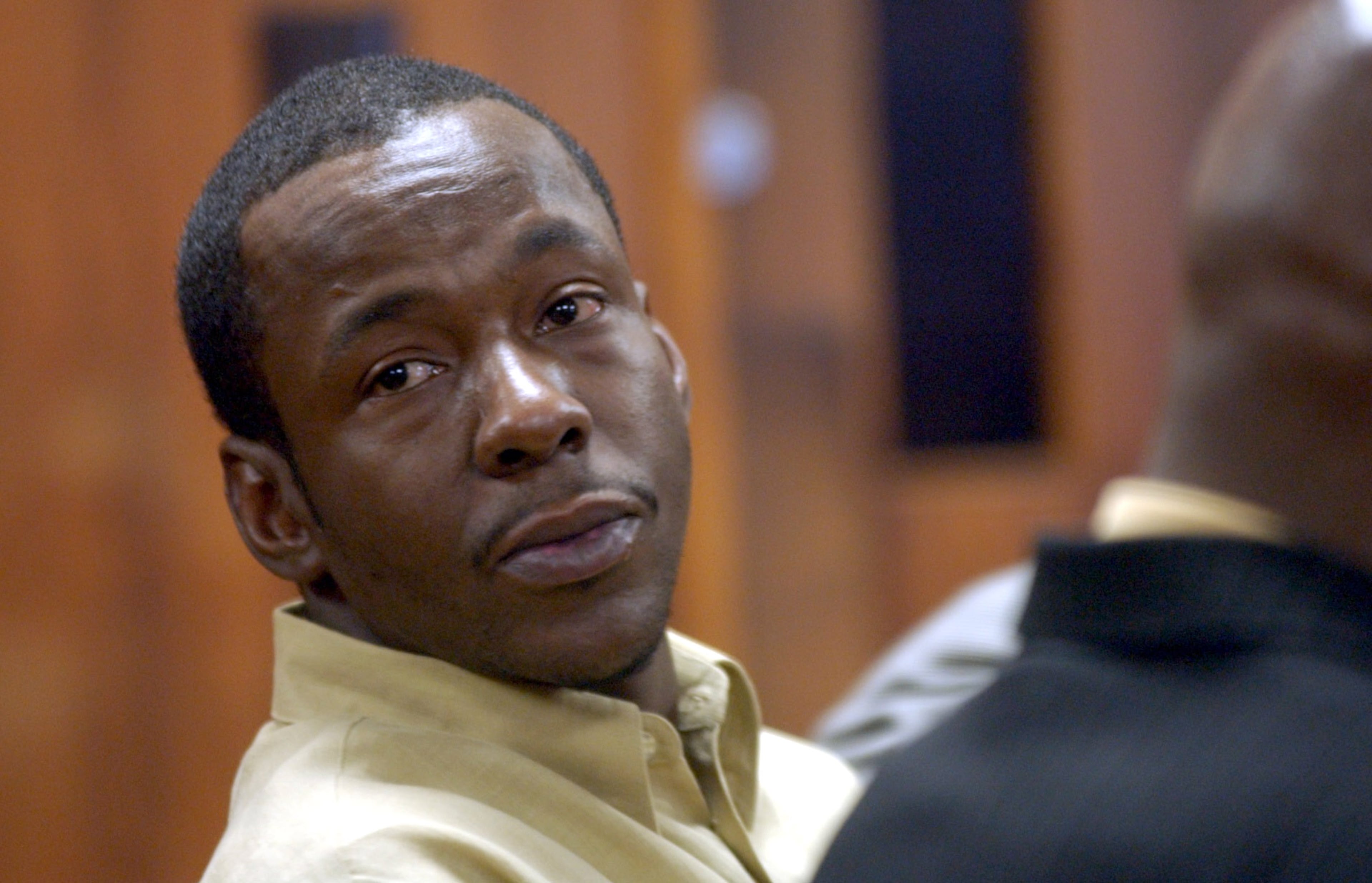 Singer Bobby Brown looks on in a DeKalb County courtroom, in Decatur, Ga., Friday, Nov. 8, 2002. Brown was arrested in Atlanta Thursday, Nov. 7, 2002, on charges of possessing less than an ounce of marijuana, speeding and having no driver's license or proof of insurance. His appearance Friday in Decatur was for charges dating to 1997: failing to appear in court, DUI, speeding, failing to maintain a lane and having no proof of insurance. (AP Photo/Ben Gray, Pool)