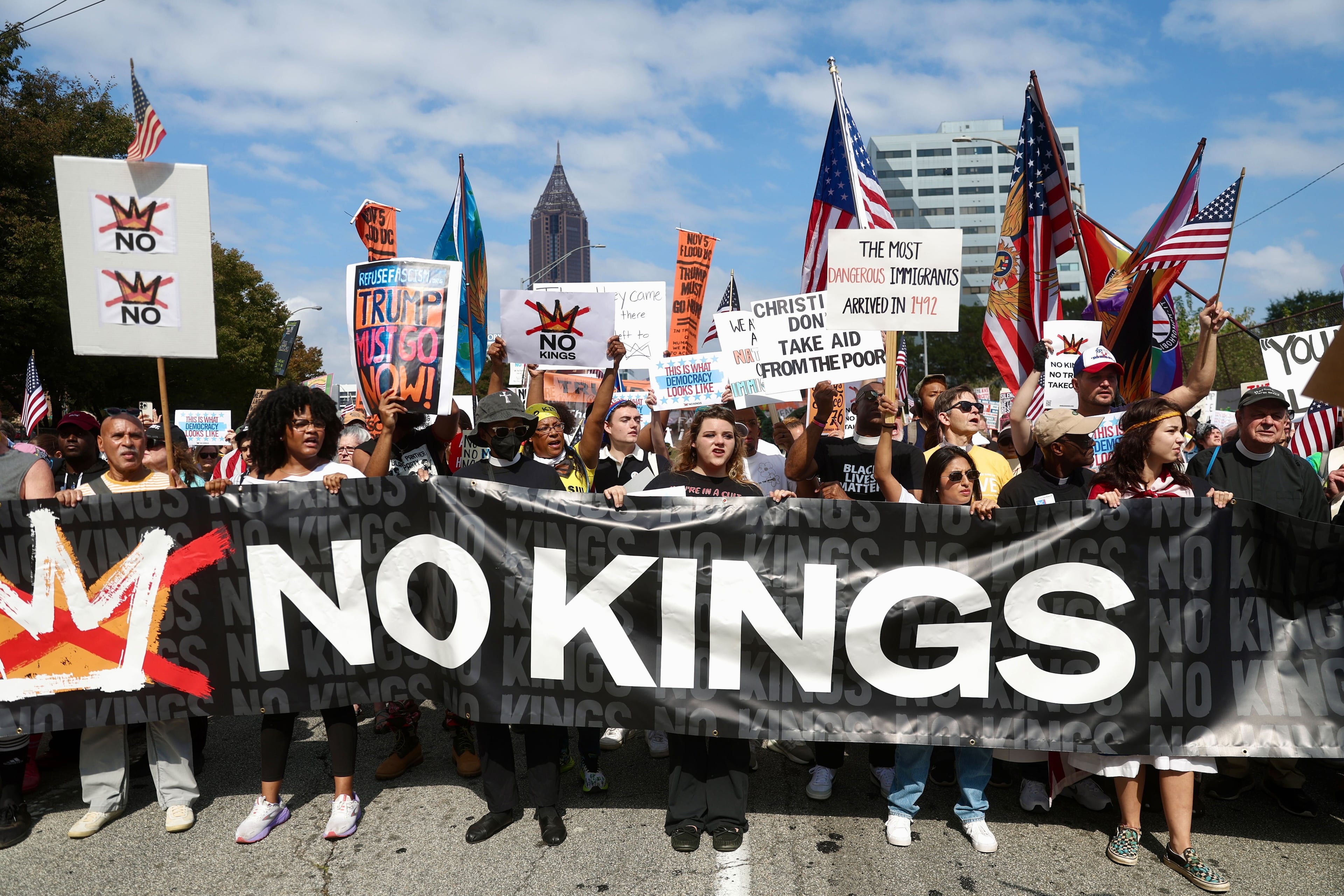 Thousands of "No Kings" protesters marched down Courtland Street from the Atlanta Civic Center to Liberty Plaza on Saturday. (Abbey Cutrer/AJC)