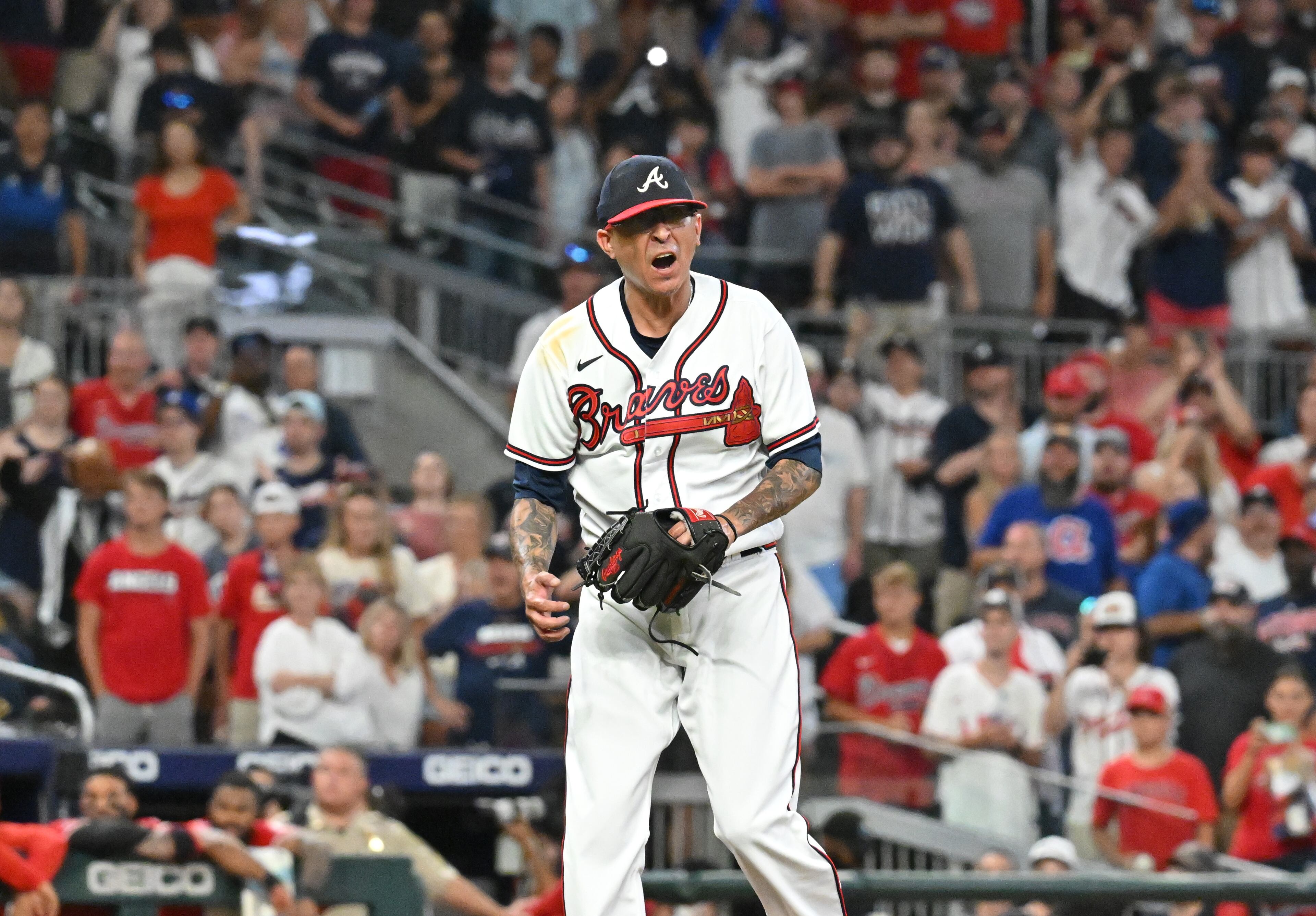 Atlanta Braves' relief pitcher Jesse Chavez (60) reacts after striking out Los Angeles Angels’ Jo Adell to end the game at Truist Park on Saturday, July 23, 2022. Atlanta Braves won 7-2 over Los Angeles Angels. (Hyosub Shin / Hyosub.Shin@ajc.com)
