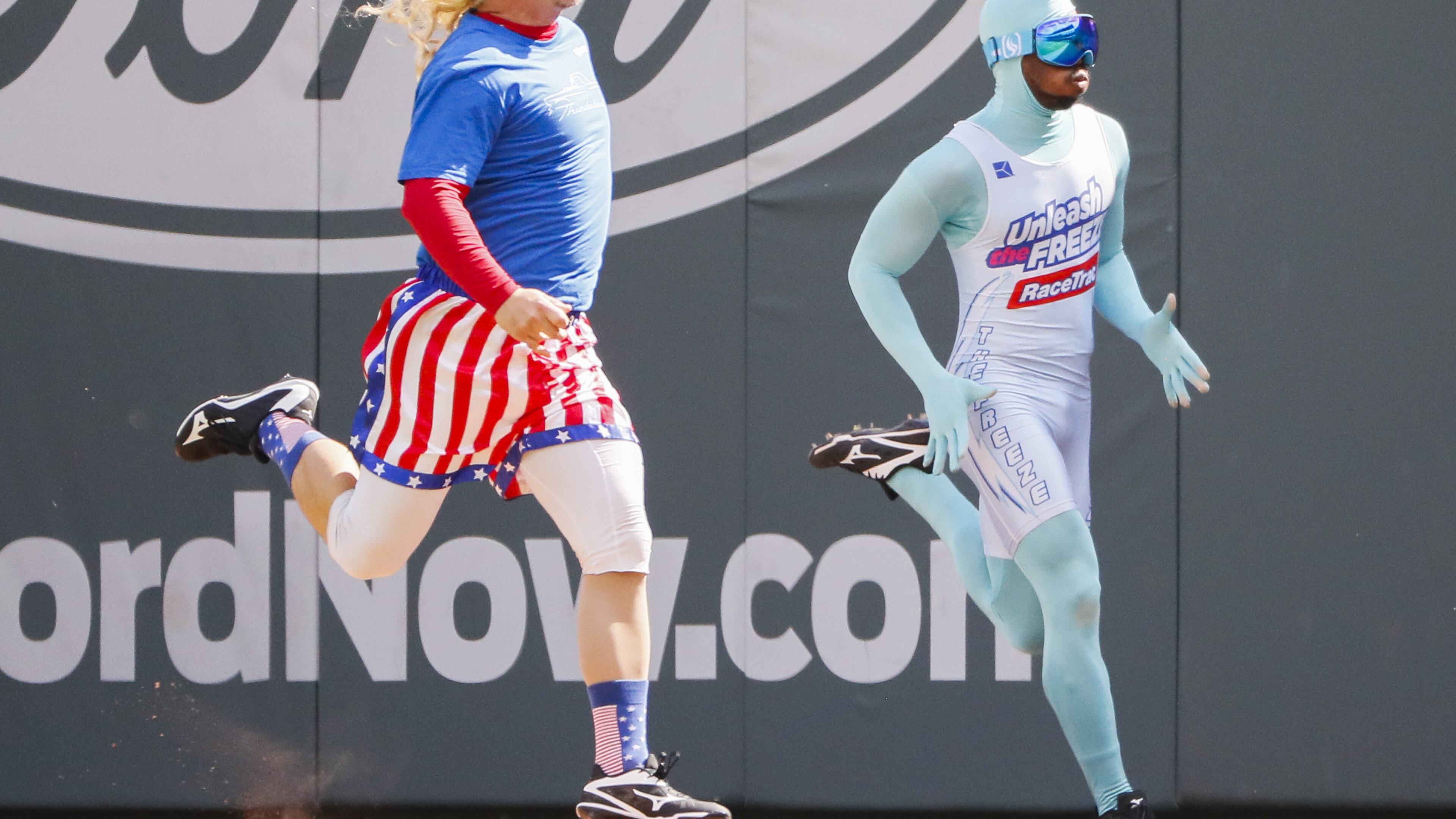 ATLANTA, GA - SEPTEMBER 24: Fox Sports Southeast and former Atlanta Brave Paul Byrd races The Freeze in between innings of an MLB game between The Atlanta Braves and Philadelphia Phillies at SunTrust Park on September 24, 2017 in Atlanta, Georgia. The Philadelphia Phillies won the game 2-0. (Photo by Todd Kirkland/Getty Images)