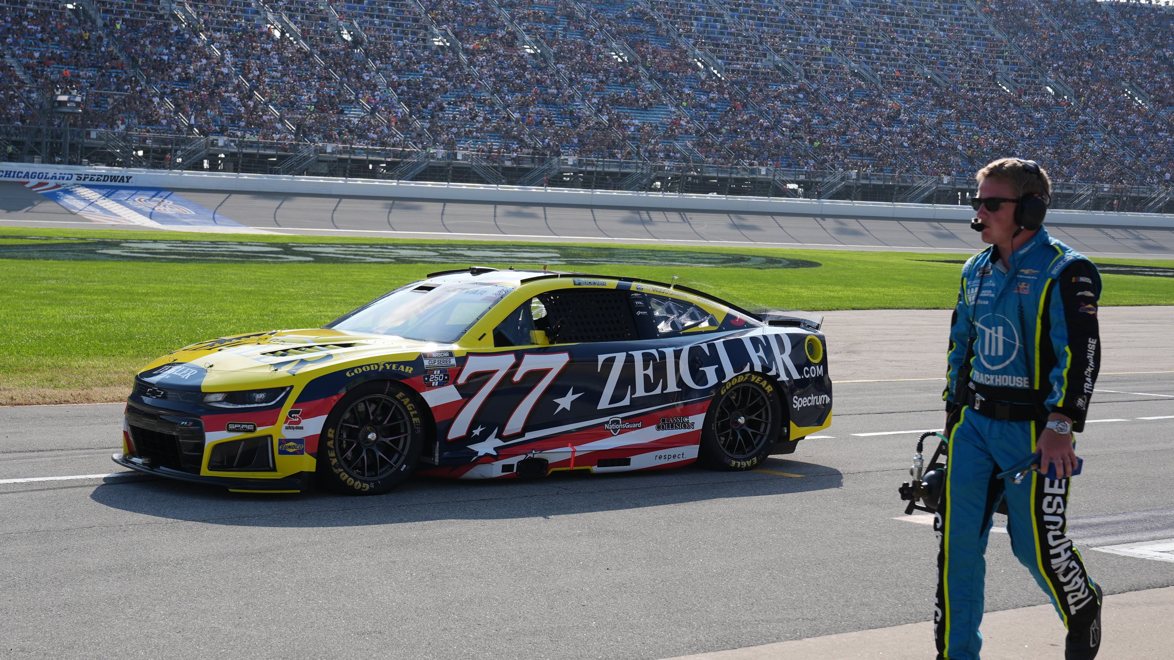 Carson Hocevar (77) drives to the track during a NASCAR Cup Series auto race at Chicagoland Speedway in Joliet, Ill., Sunday, July 5, 2026. (AP Photo/Nam Y. Huh)