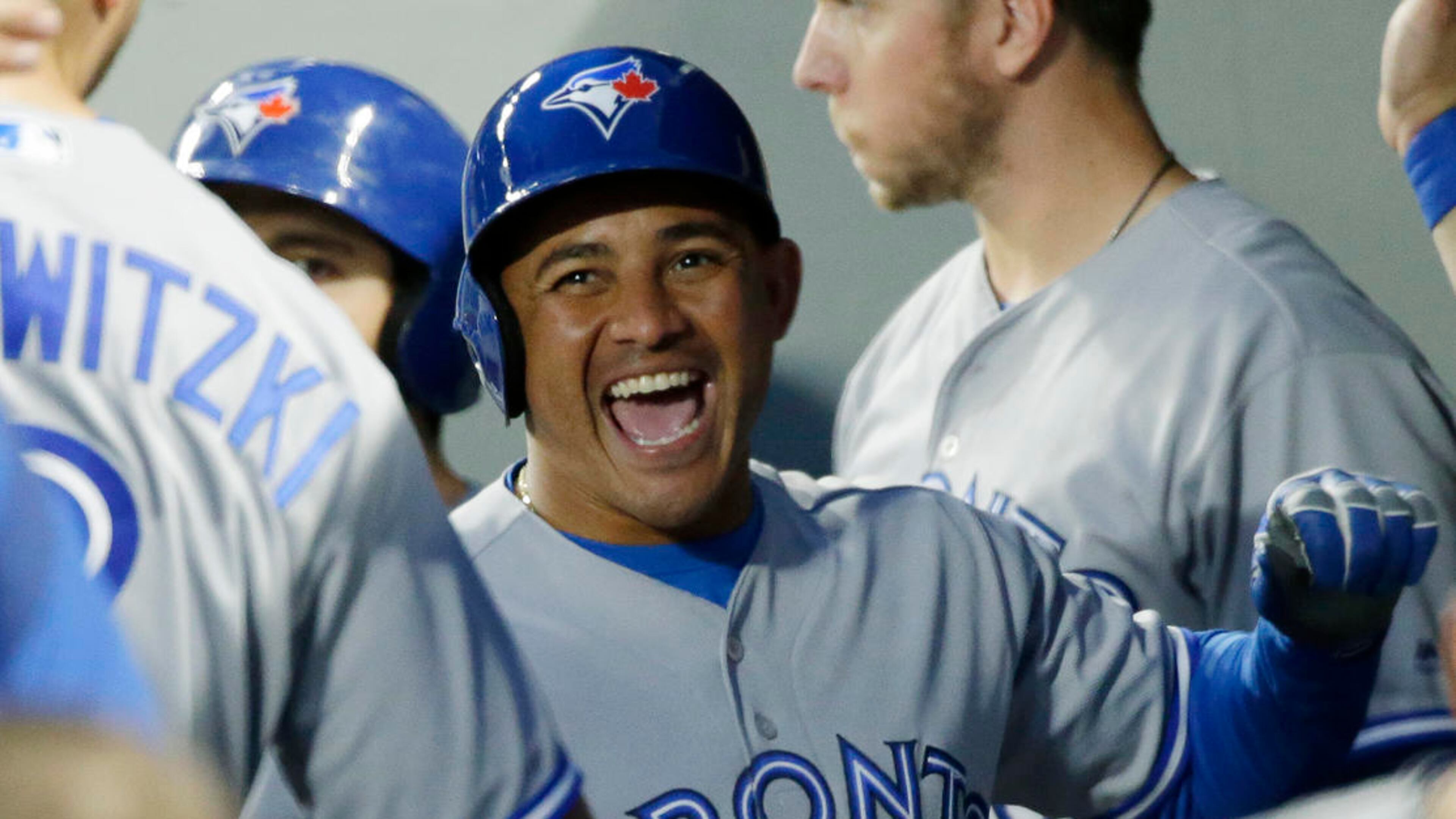 Ezequiel Carrera reacts after hitting a home run for Toronto on June 10, 2017. The Braves signed the veteran to a minor-league deal Tuesday. (AP Photo/Ted S. Warren)