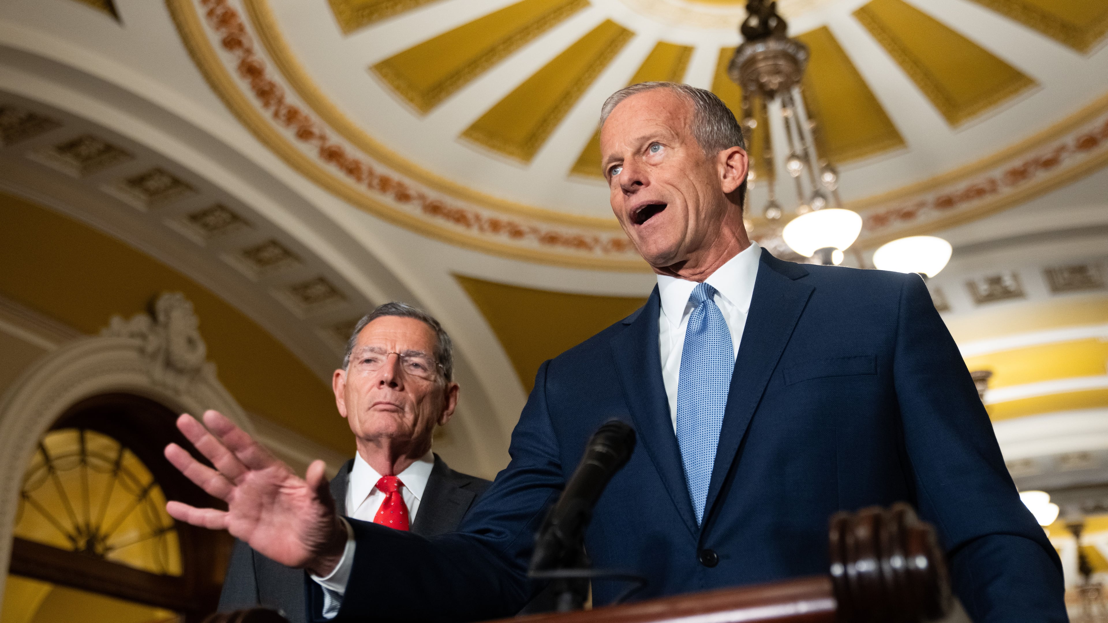 Senate Majority Leader John Thune, R-S.D., speaks to reporters following a weekly policy luncheon at the Capitol in Washington, Tuesday, July 21, 2026. (AP Photo/Allison Robbert)