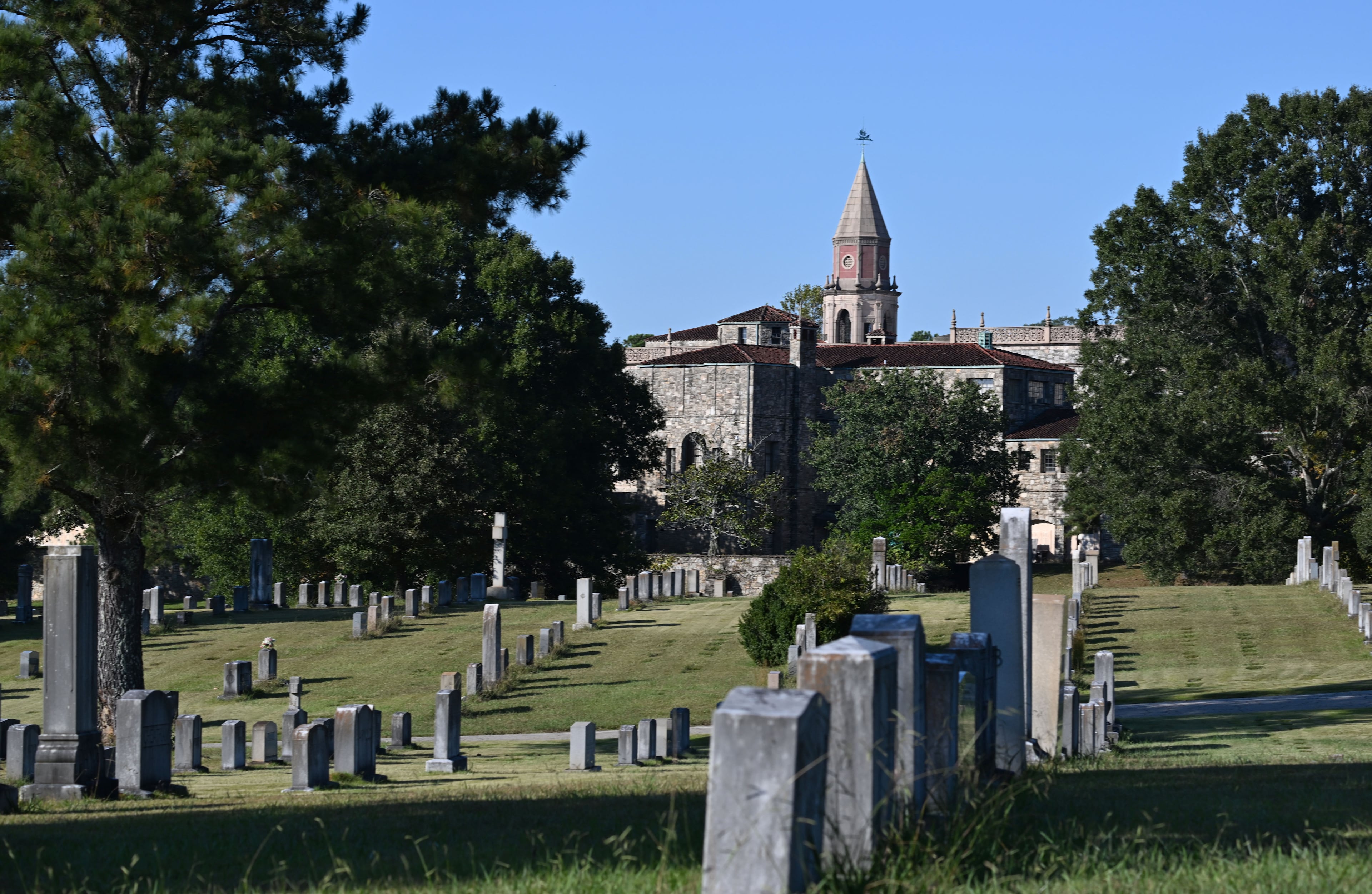 Westview Abbey, one of the largest mausoleums on the continent, dominates the rear of the cemetery property. (Hyosub Shin/AJC)