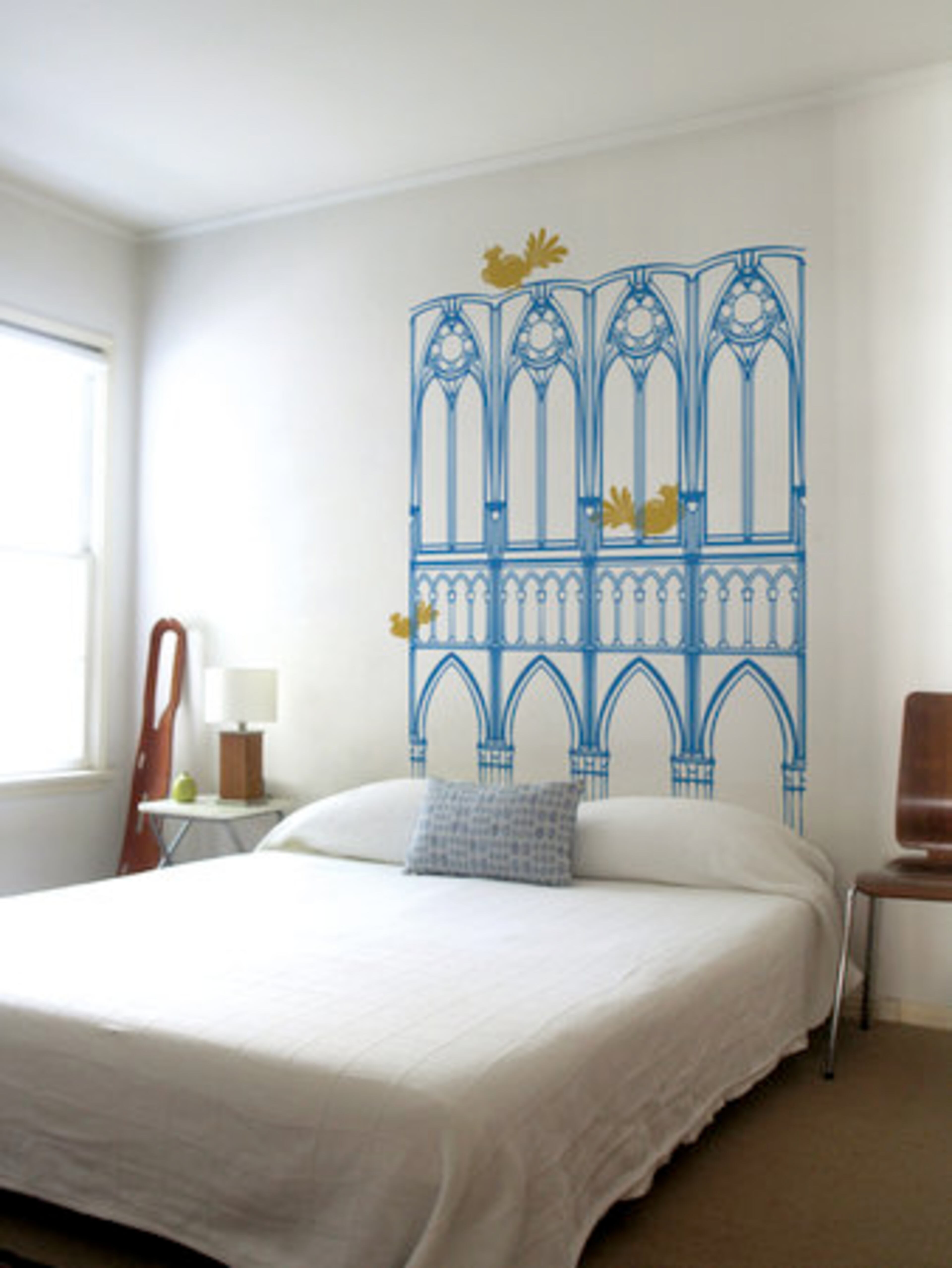 If your bedroom looks like some of those on the HGTV "before" scenes because you don't have a headboard, here's an answer for $60. Check out the mid-century Gothic headboard made out of stencils that were designed by the Savannah College of Art interns. They are available from Blik in three color combinations Aruba/Gold, Beige/Teal and Light Gray/Tomato.