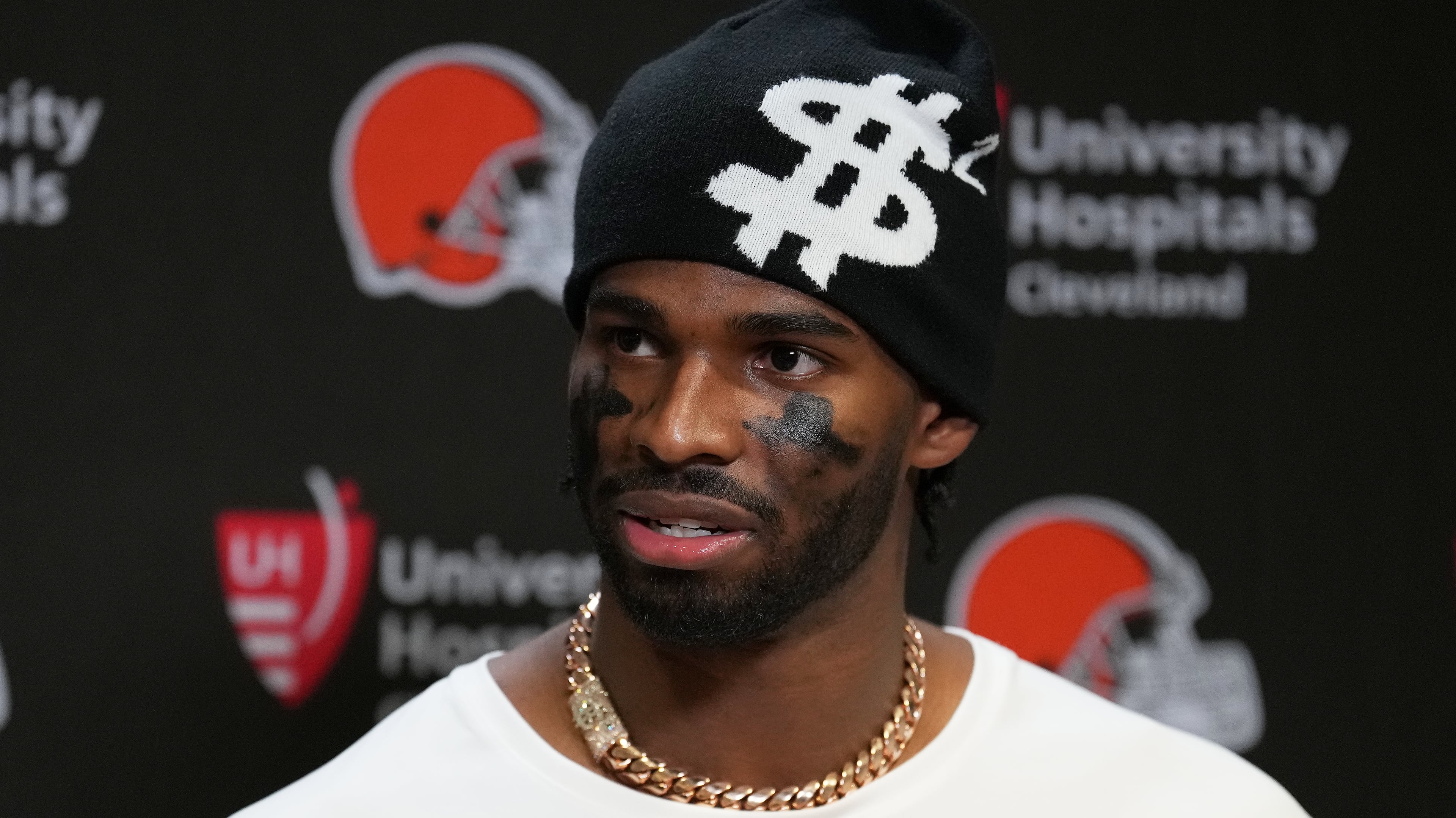 Cleveland Browns quarterback Shedeur Sanders speaks at a news conference after an NFL football game against the Cincinnati Bengals, Sunday, Jan. 4, 2026, in Cincinnati. (AP Photo/Joshua A. Bickel)