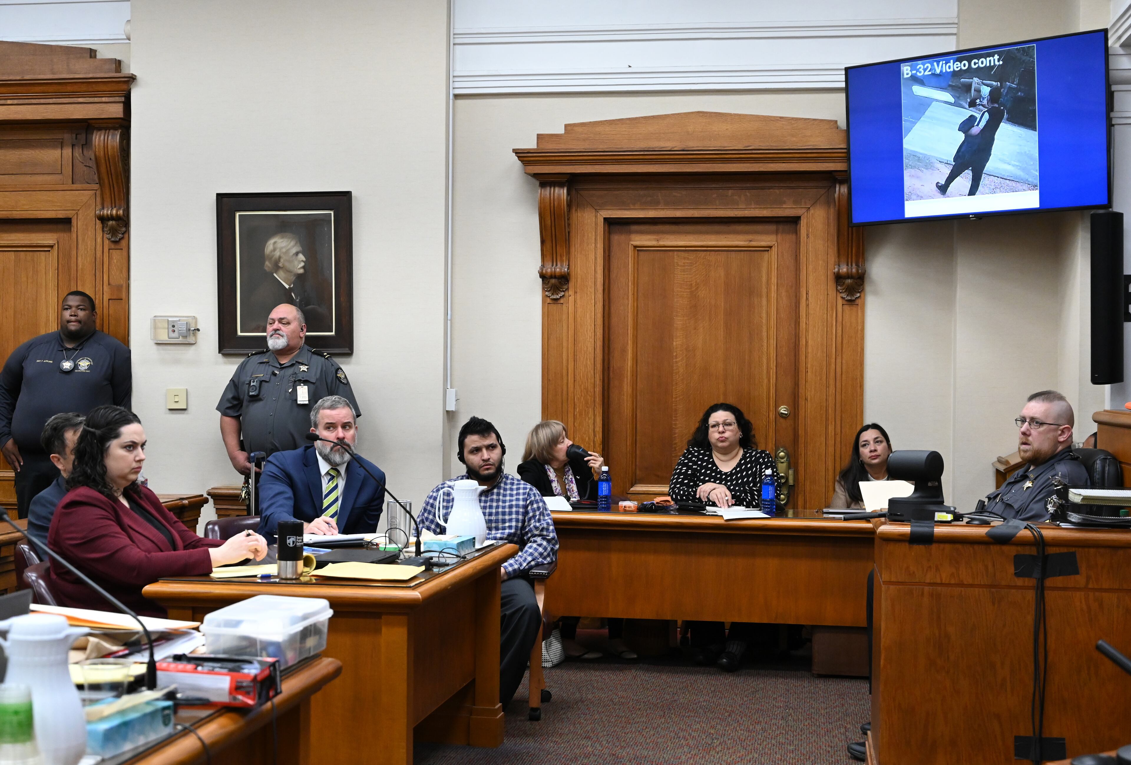 Jose Ibarra (sitting, right) listens through an interpreter as he sits with his attorneys Dustin Kirby (second left) and Kaitlyn Beck (left) during a trial of Jose Ibarra at Athens-Clarke County Superior Court, Friday, November 15, 2024, in Athens. Jose Ibarra was charged in the February killing of Laken Hope Riley, whose body was found on the University of Georgia campus. (Hyosub Shin / AJC)