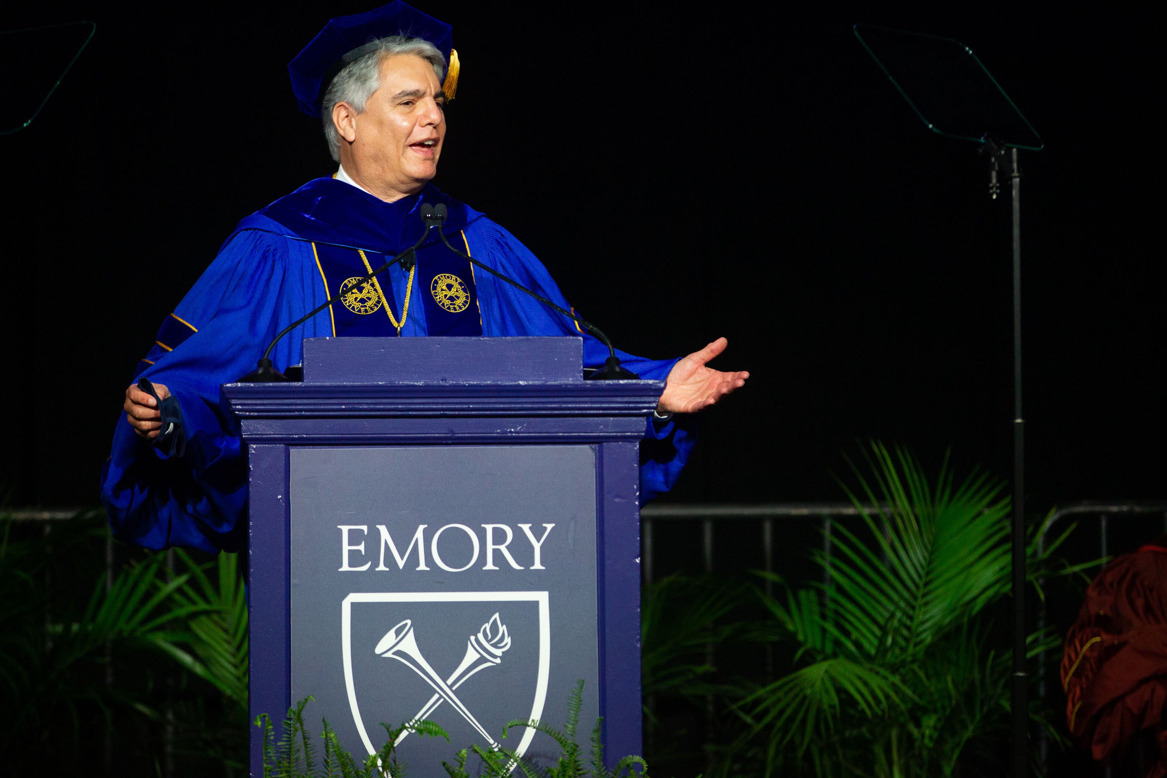 Emory University President Gregory L. Fenves talks during Emory's Goizueta Business Schools graduation ceremony at the World Congress Center Friday, May 14, 2021. STEVE SCHAEFER FOR THE ATLANTA JOURNAL-CONSTITUTION