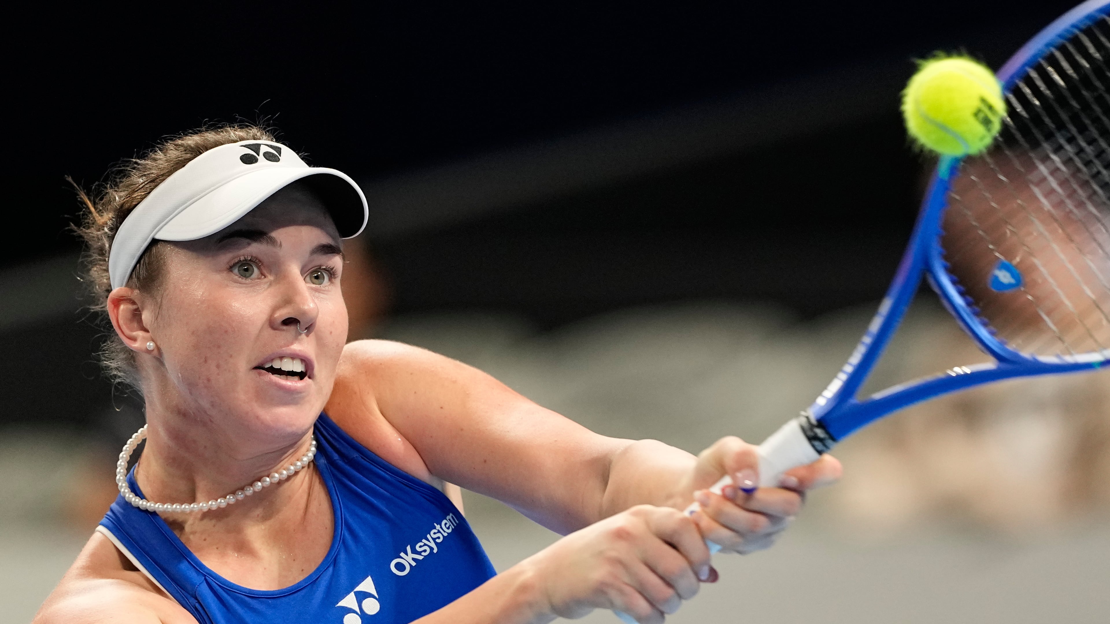 Czech Republic's Linda Noskova returns the ball to Spain's Cristina Bucsa during the Billie Jean King Cup women's singles semifinal tennis match between Spain and Czech Republic, in Shenzhen, China, Friday, Sept. 25, 2026. (AP Photo/Andy Wong)