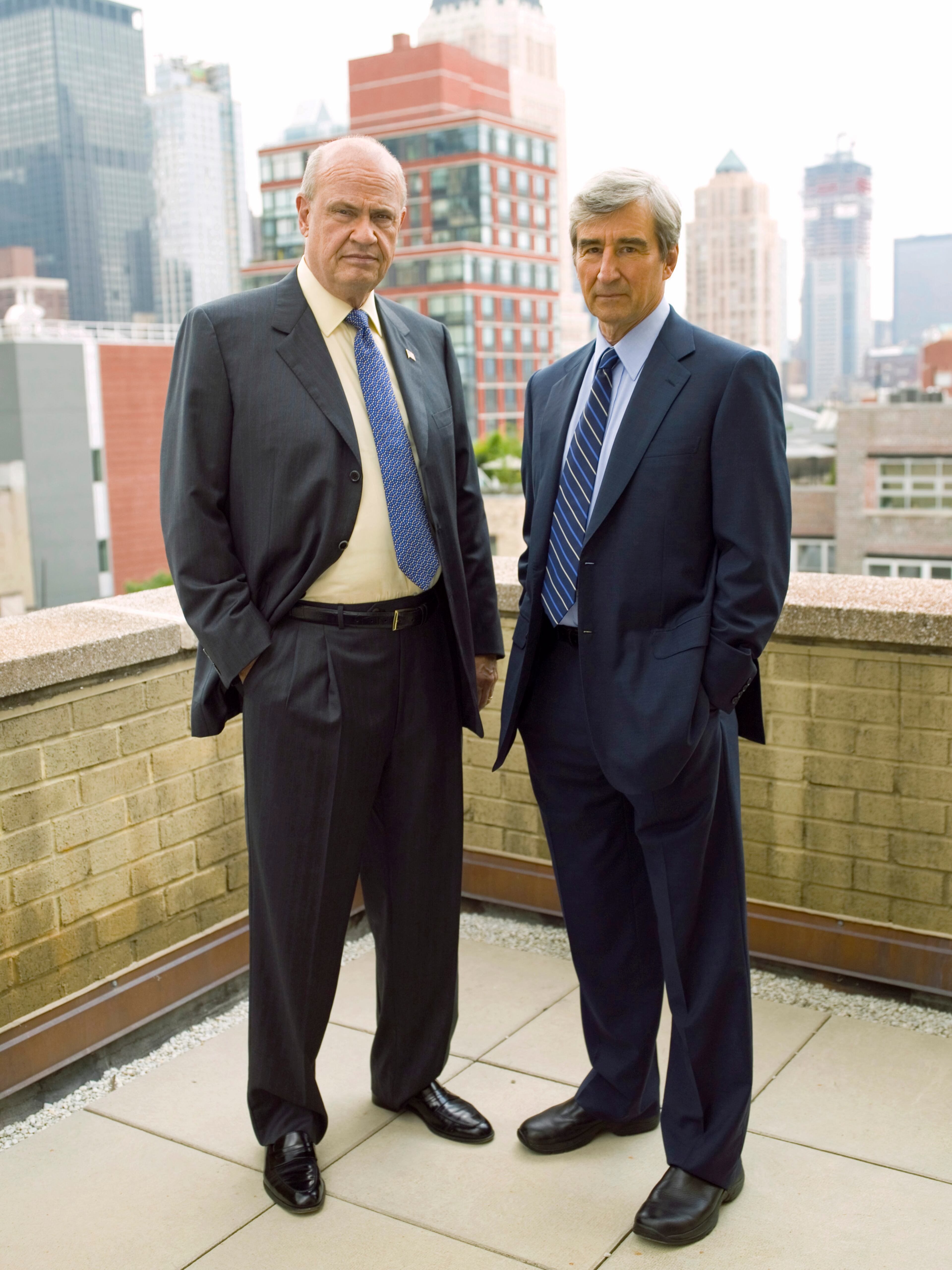 LAW & ORDER -- Season 17 -- Pictured: (l-r) Sam Waterston as Assistant District Attorney Jack McCoy, Fred Dalton Thompson as District Attorney Arthur Branch (Photo by Virginia Sherwood/NBC/NBCU Photo Bank via Getty Images)