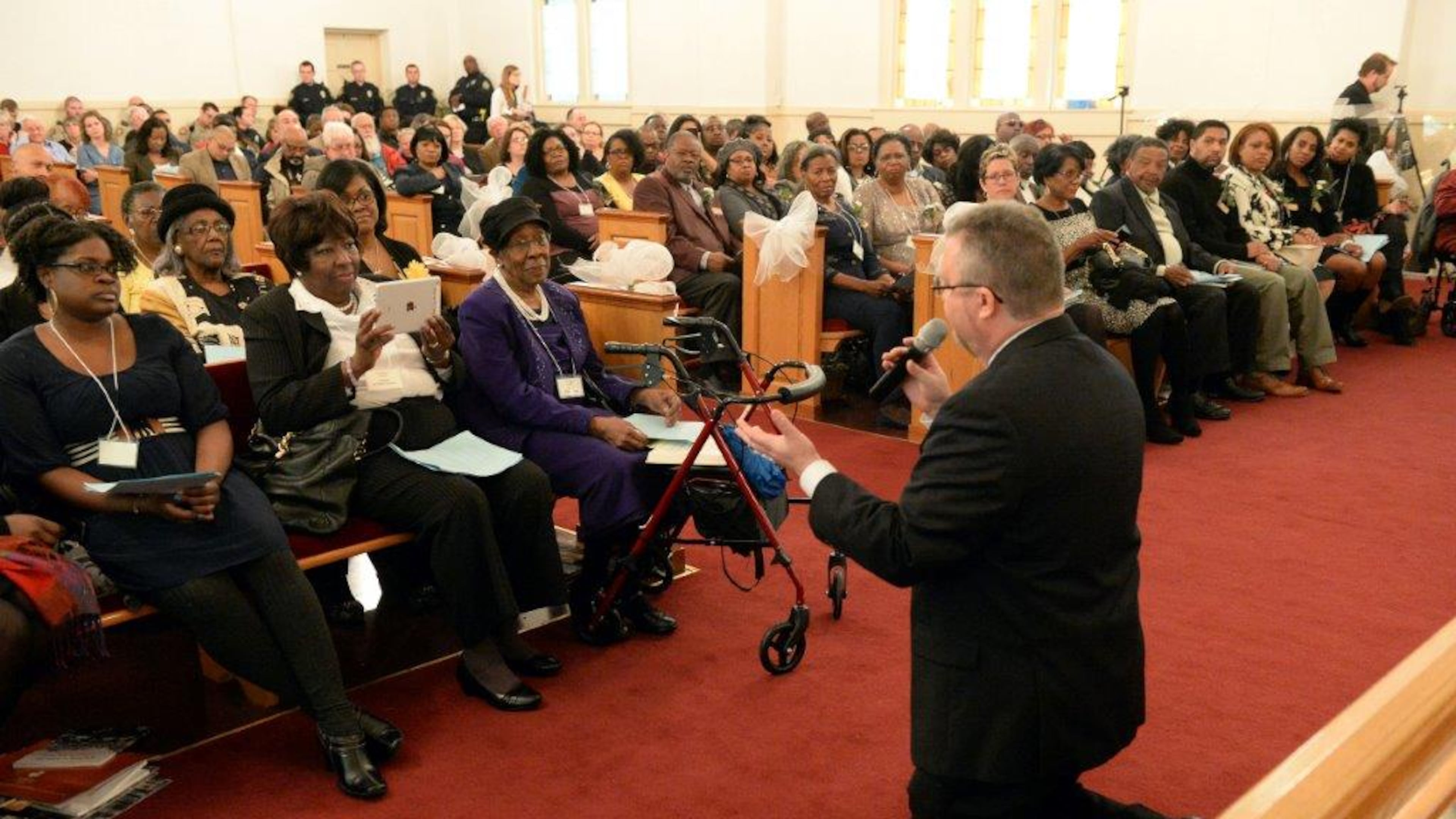 Rev. Brian Germano of First United Methodist Church of LaGrange apologizes during a service Saturday where several white religious leaders in the city acknowledge past lynchings and the white religious community’s silence about these crimes. KENT D. JOHNSON/AJC