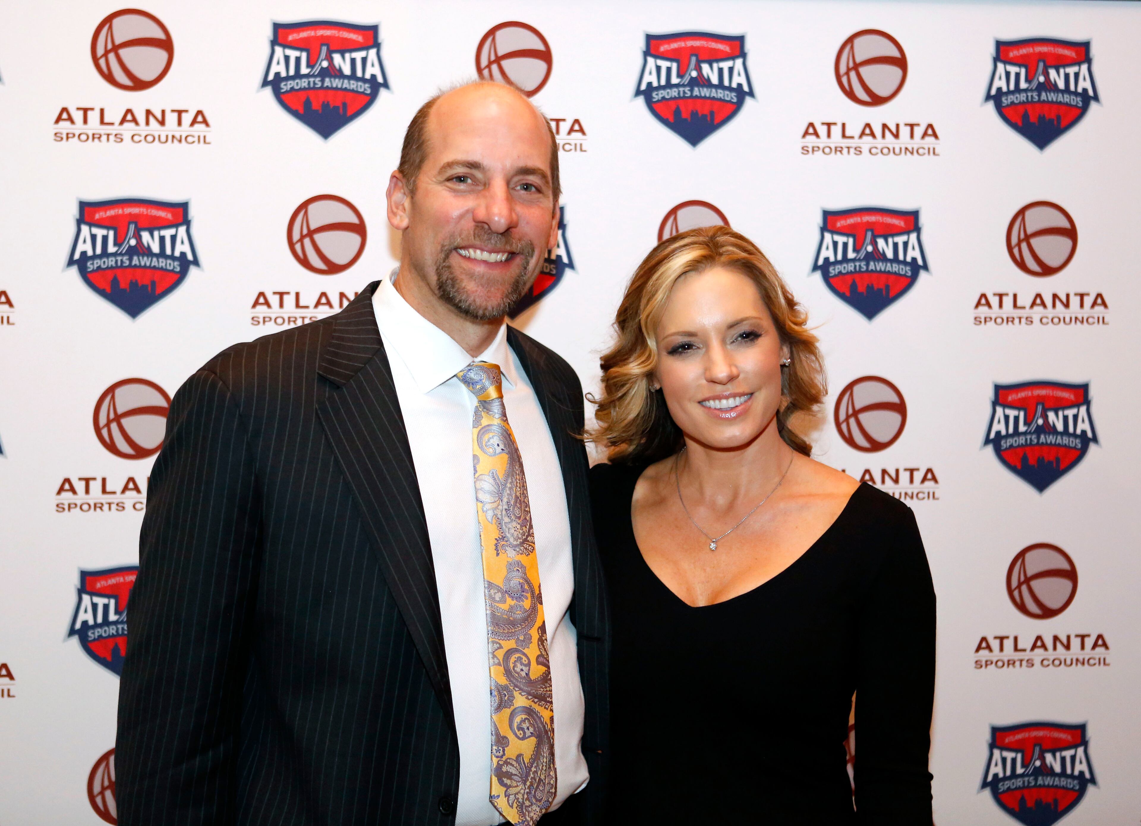 Former Braves pitcher John Smoltz and his wife Kathryn pose before the Atlanta Sports Awards at the Fox Theatre Thursday, February 25, 2016, in Atlanta. Photo by JASON GETZ