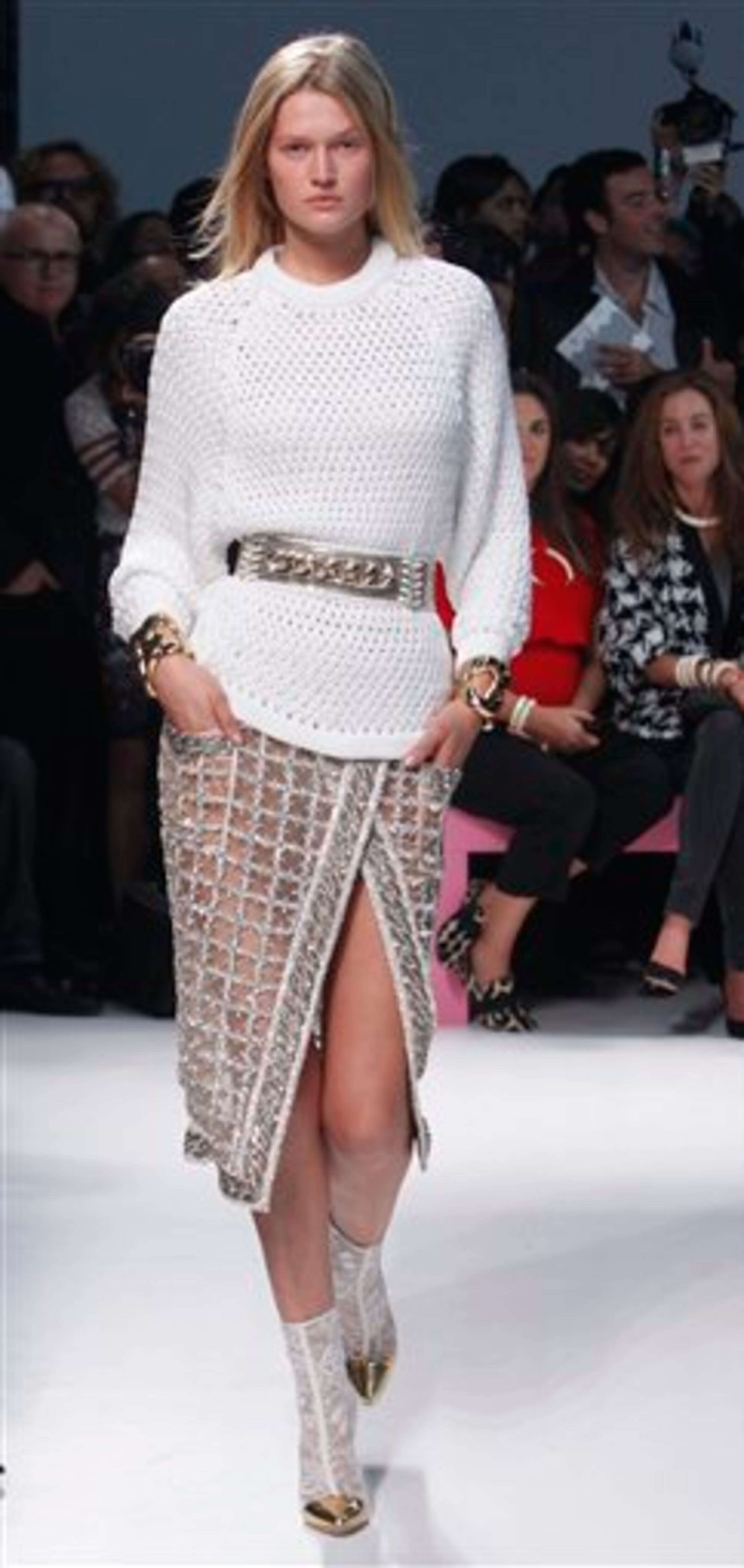 A model wears a creation for Balmain ready-to-wear Spring/Summer 2014 fashion collection, presented in Paris, Thursday, Sept.26, 2013. (AP Photo/Thibault Camus)