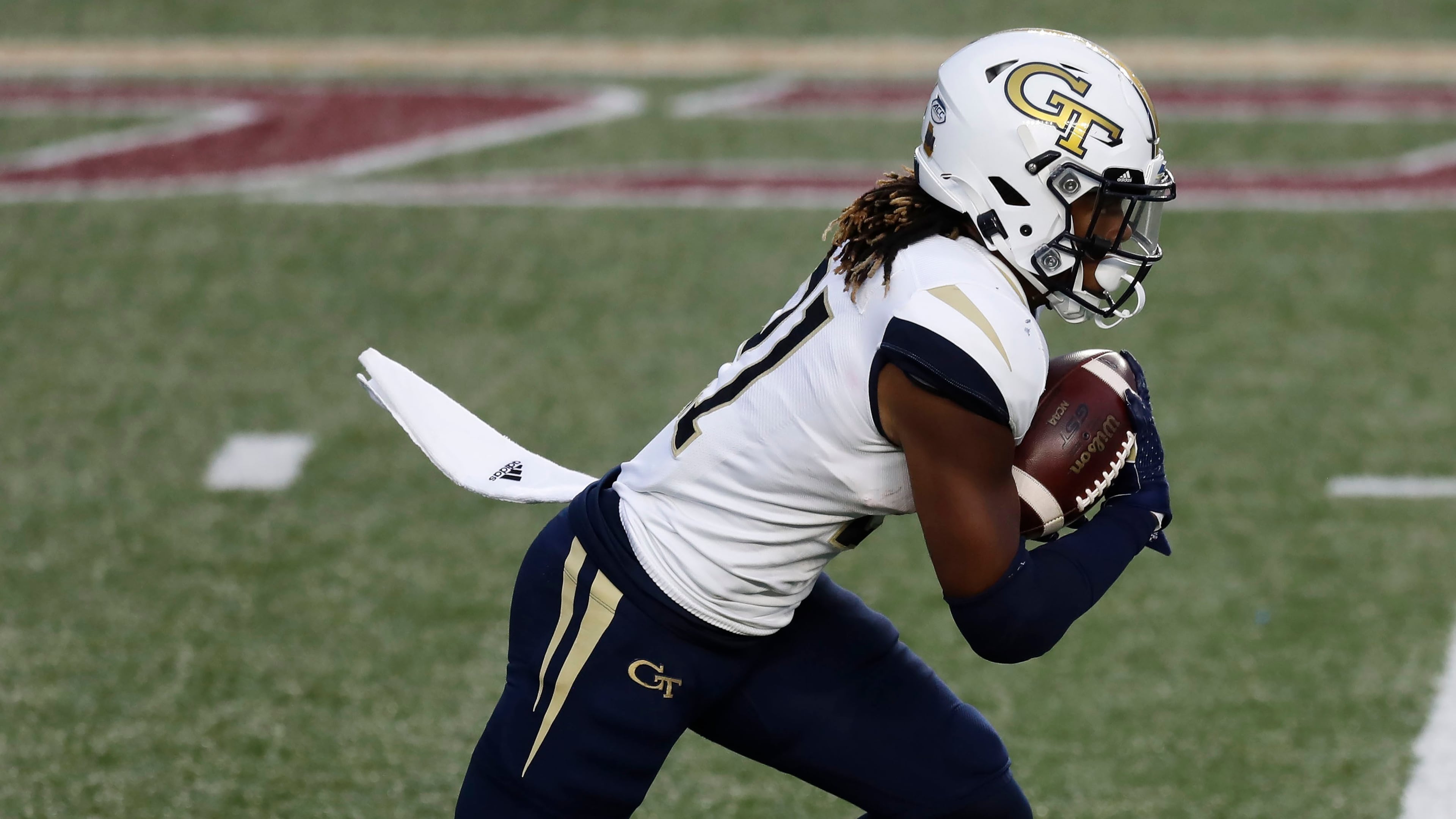Georgia Tech running back Jahmyr Gibbs carries the ball during the first half against Boston College, Saturday, Oct. 24, 2020, in Boston. (Michael Dwyer/AP)